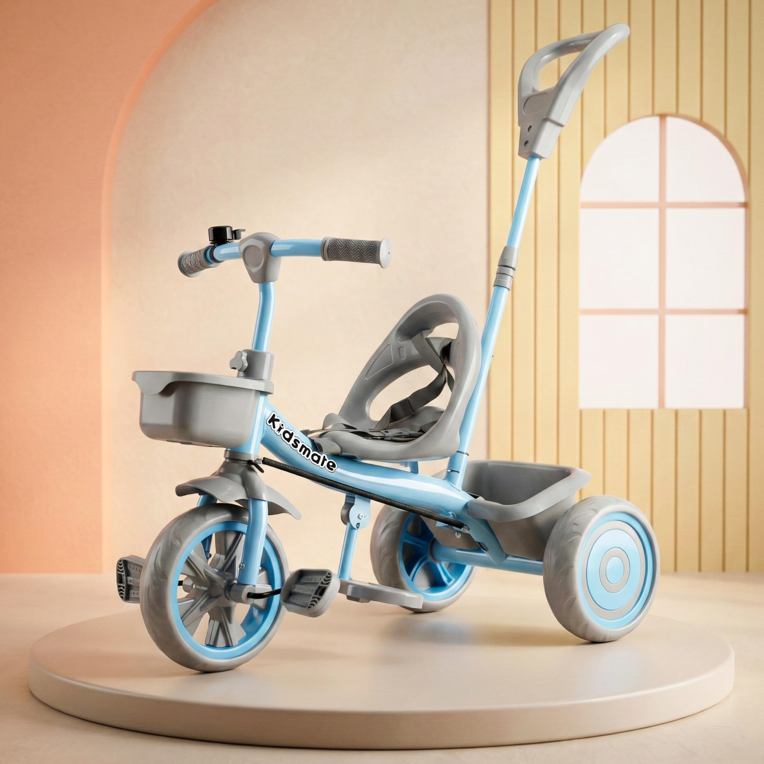 Kidsmate Junior Tricycle for Kids with Parental Control | Cycle for Kids 1-4 Years | Baby Cycle | Bicycle with Storage Basket, Cushion Seat and Seat Belt Carrying Capacity 30 Kgs (Blue-Grey)-image-1