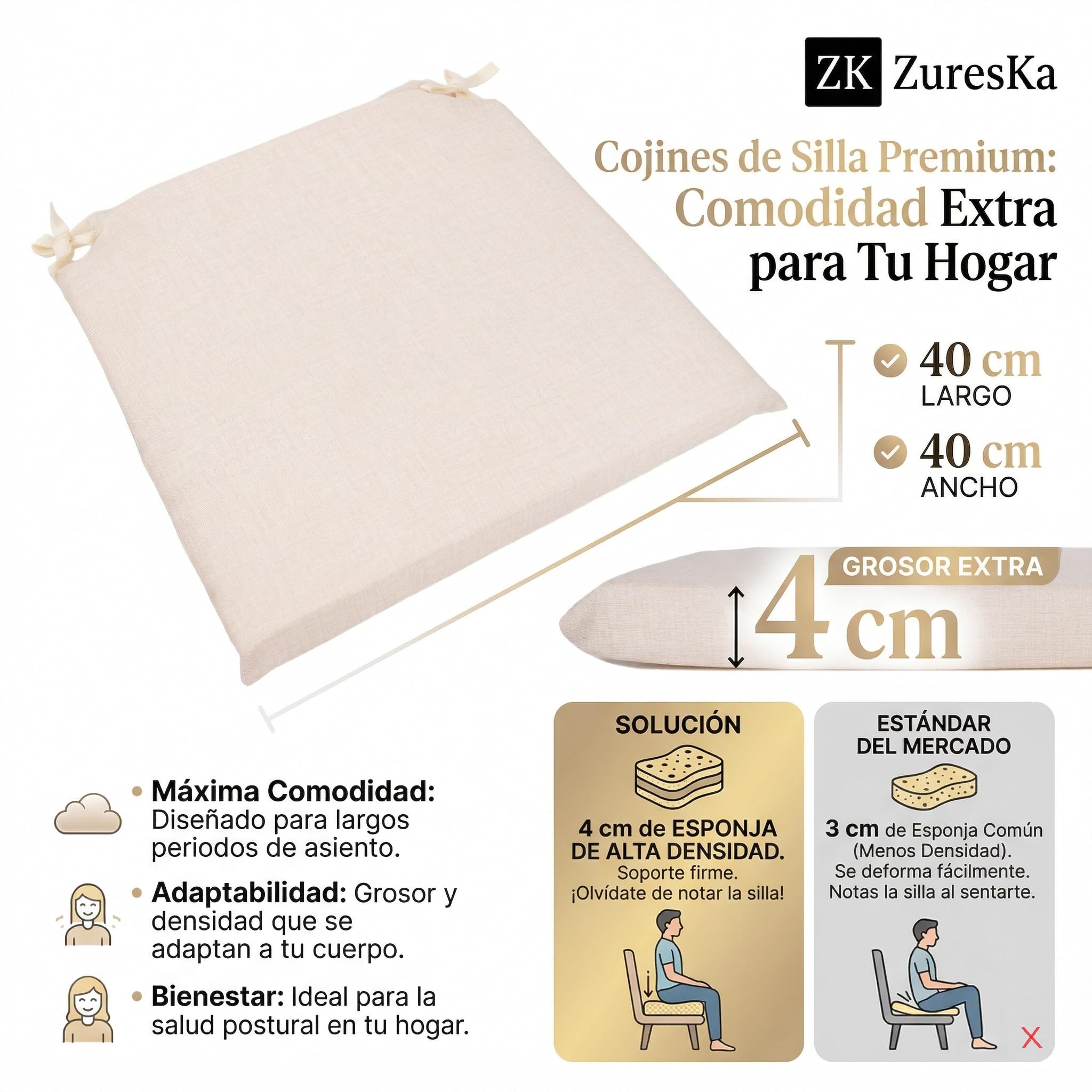 Cojines Sillas Terraza 40x40 (4 cm Grosor Espuma Alta Densidad). Cojines Sillas Cocina. Cojines Sillas Comedor. Cojines Exterior. Desefundables y Lavables (Blanco_Crudo)