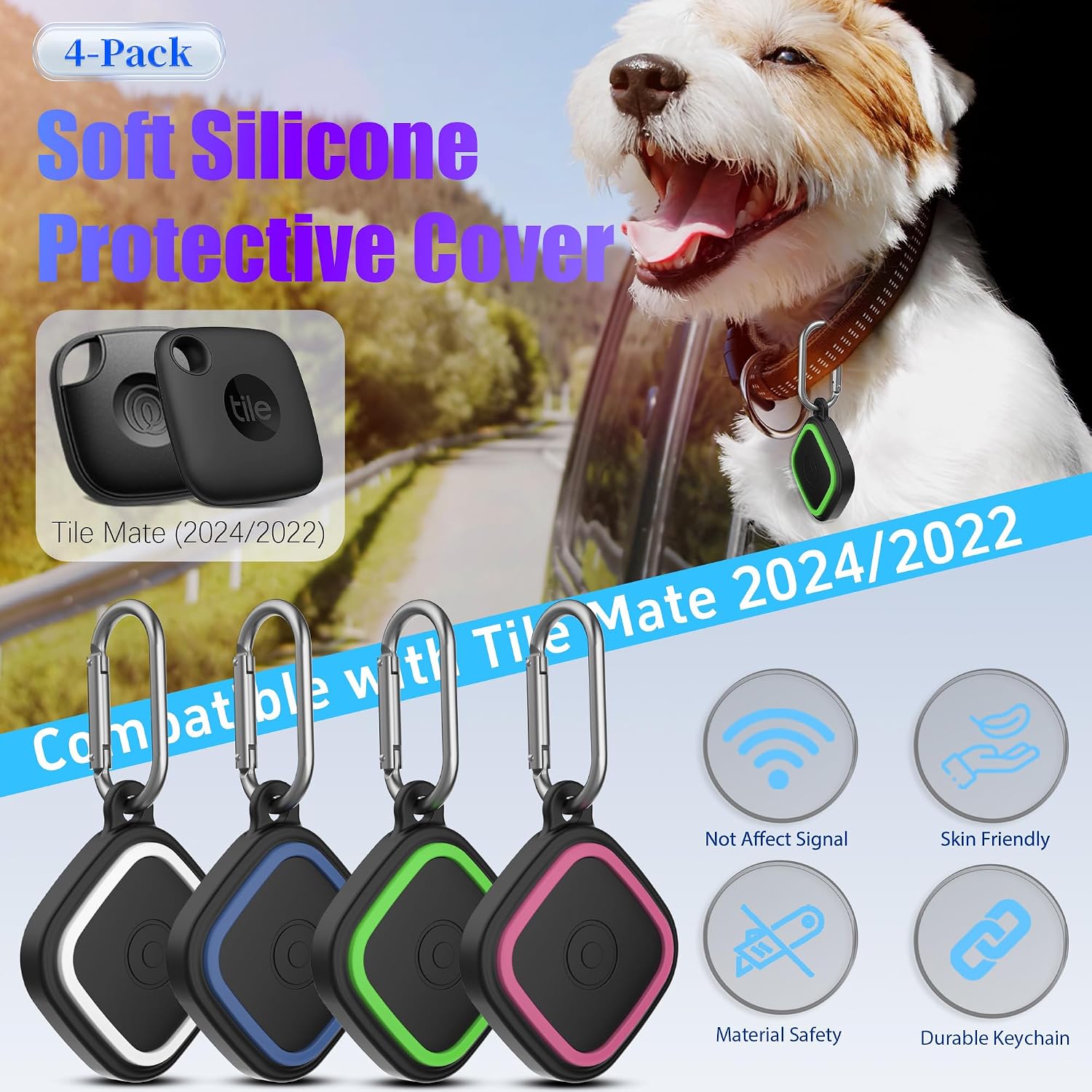 4-Pack Compatible for Tile Mate Case 2024, Soft Silicone Shockproof Protective Cover for Tile Life360 Mate Tracker Anti-Slip Tlie Mate Holder with Key Ring for Keys,Bag,Pets(White/Blue/Green/Rose Red)