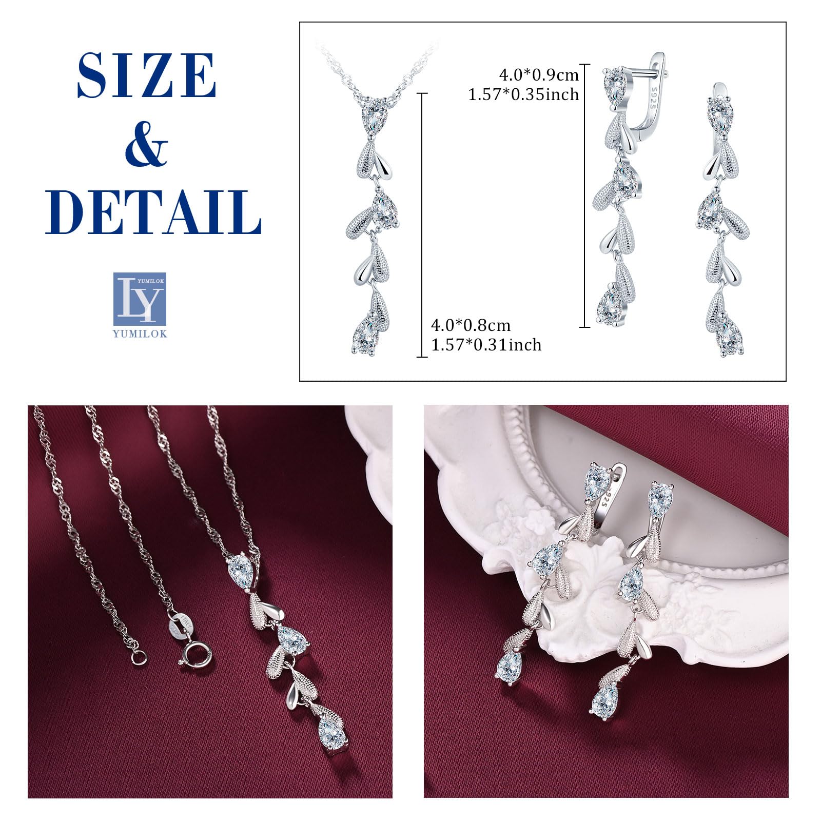 Yumilok Brillante 925 gotas de agua de plata esterlina colgante cadena de Zirconia clavos para los oídos Sra. colgante collar joyería set 925 de plata esterlina