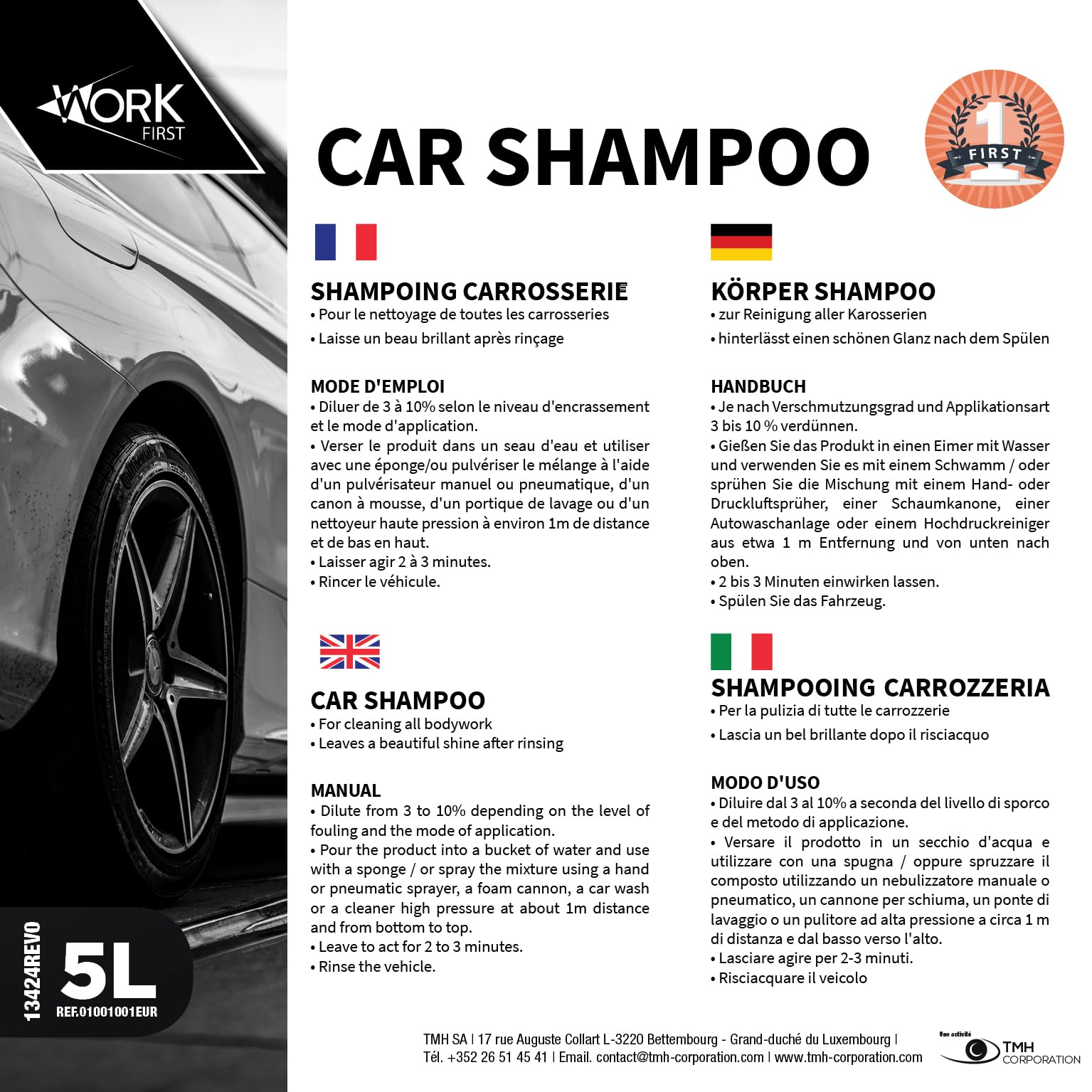 Shampoing Nettoyant Voiture Efficace Sans Trace et Haute Brillance Economique et Concentré - Lavage haute pression ou Mains (Bidon - 5L)