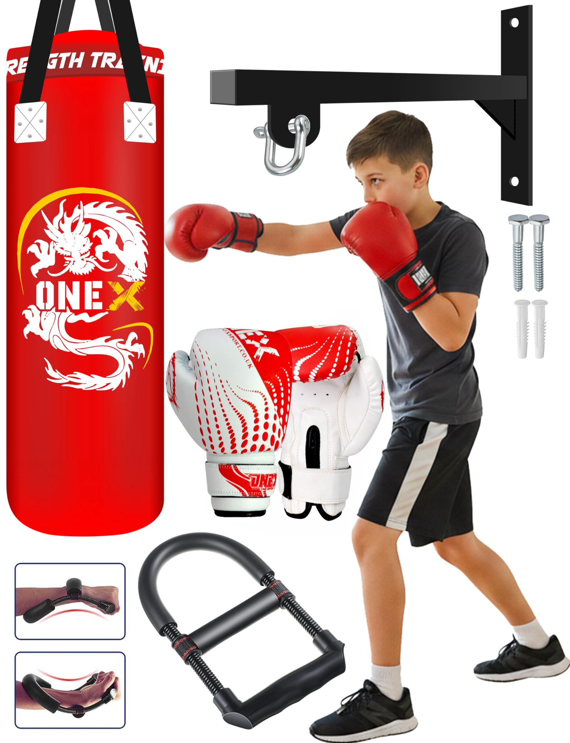 Boxing bag 3ft junior punch bag with wall Bracket, bag Mitts MMA Muay Thai Kickboxing punching bag boxing equipment punch bag for Indoor or Outdoor boxing Training set (RED)