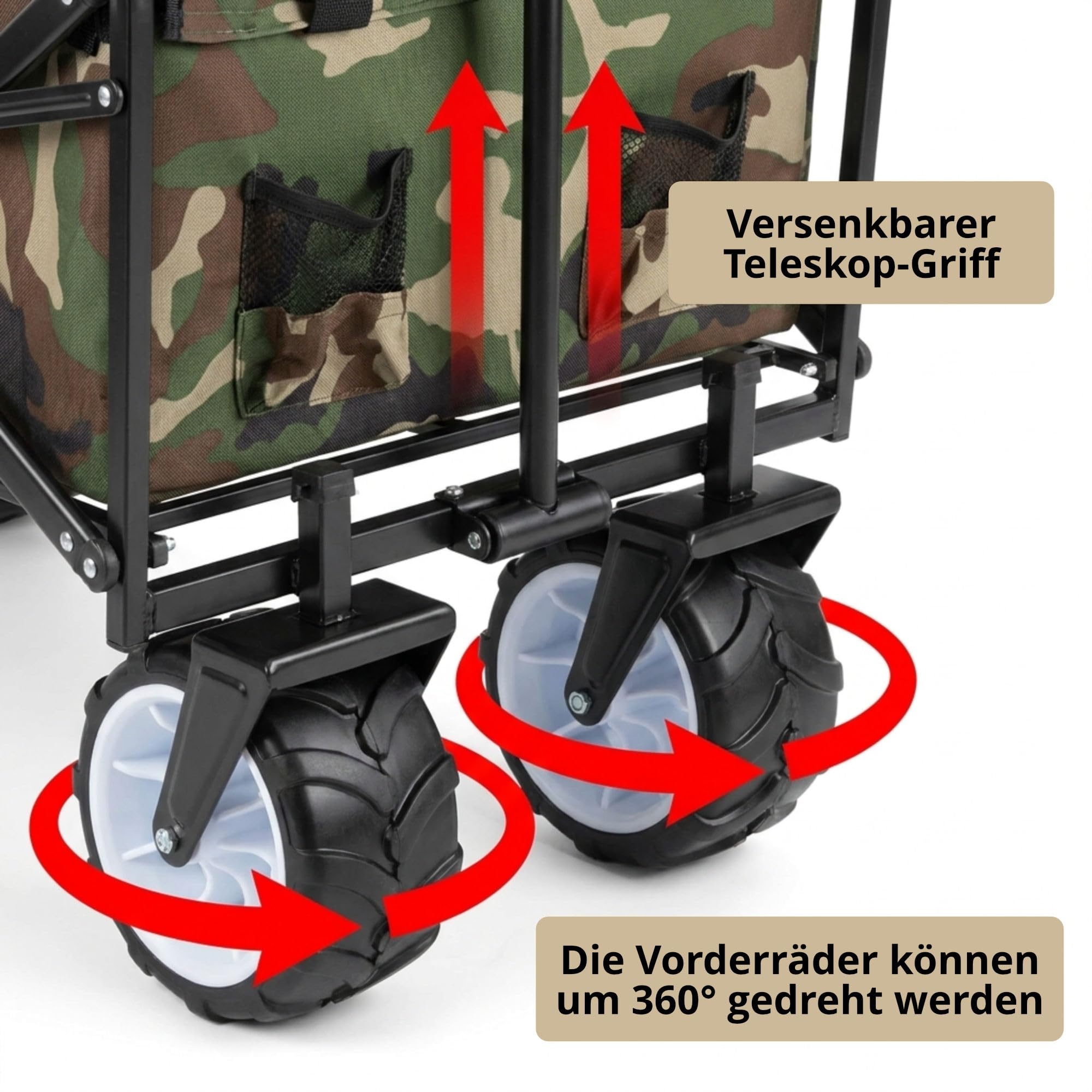 Stagecaptain BW-907 CA Bollerwagen faltbar, Camouflage | 150 kg Traglast, breite freidrehende Reifen, 600D x 300D Polyester, faltbares Metallgestell, 2 Außentaschen