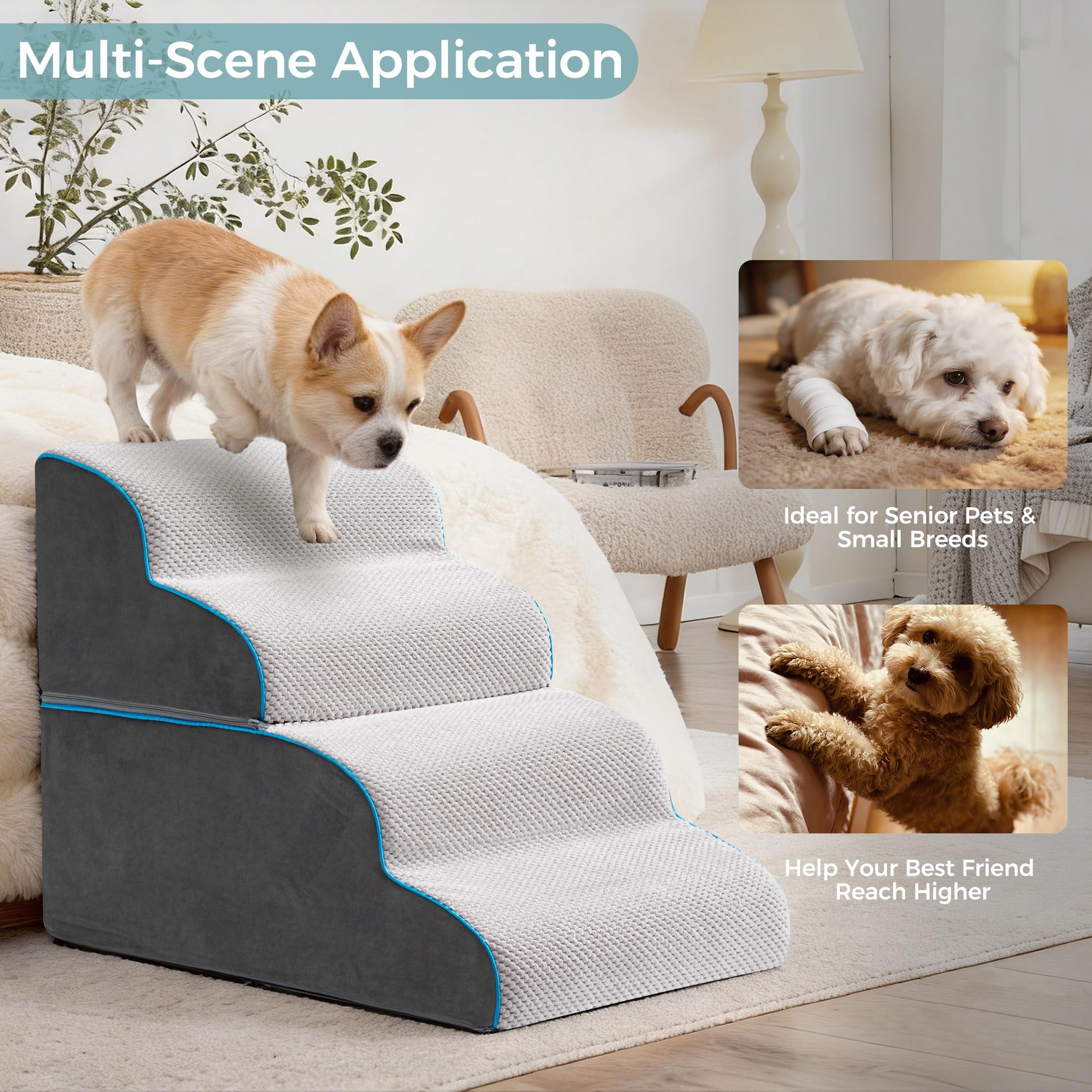 Scaletta per Cani e Rampa per Letto Alto e Divano, 33-61 cm Scala Rimovibile per Cani Piccoli e Medi, Schiuma 40D Robusta, Antiscivolo, Rivestimento Lavabile con Rullo Levapelucchi, Grigio