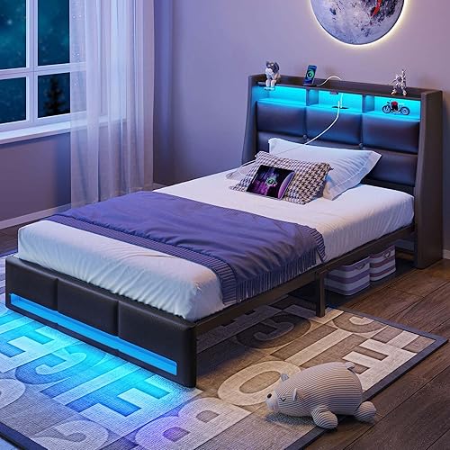 Miniatura 18 de Rolanstar Base de cama de tamaño individual con luces LED y estación de carga, cabecera y cajones tapizados, listones de madera resistentes, fácil