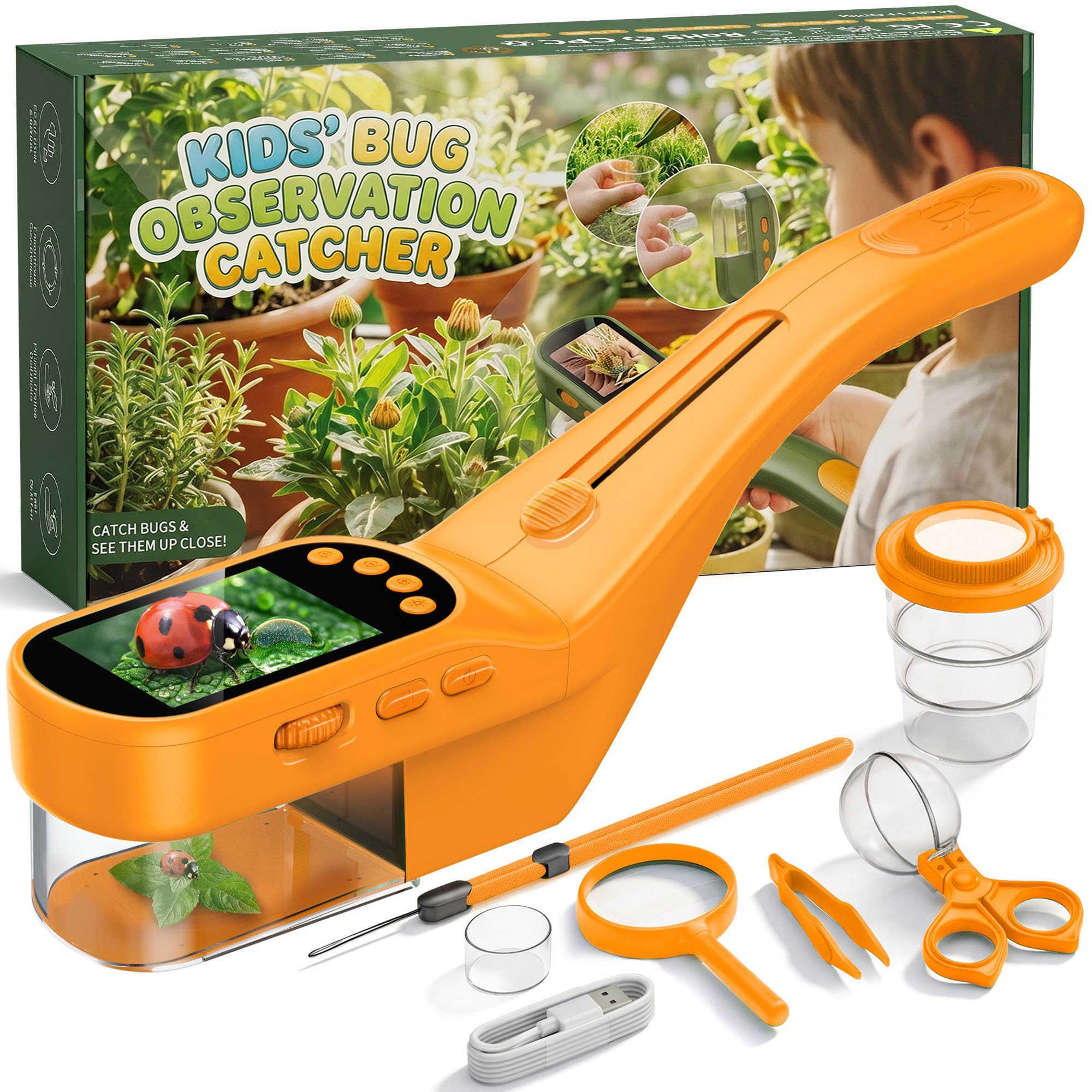 CIMELR Insektenfänger 2,4-Zoll HD-Mikroskop Naturspielzeug für Kinder | Insektenfänger mit 1000mAh Akku, 8 LEDs, 1080P Kamera, PC-Übertragung, STEM-Set für Kinder 3-12