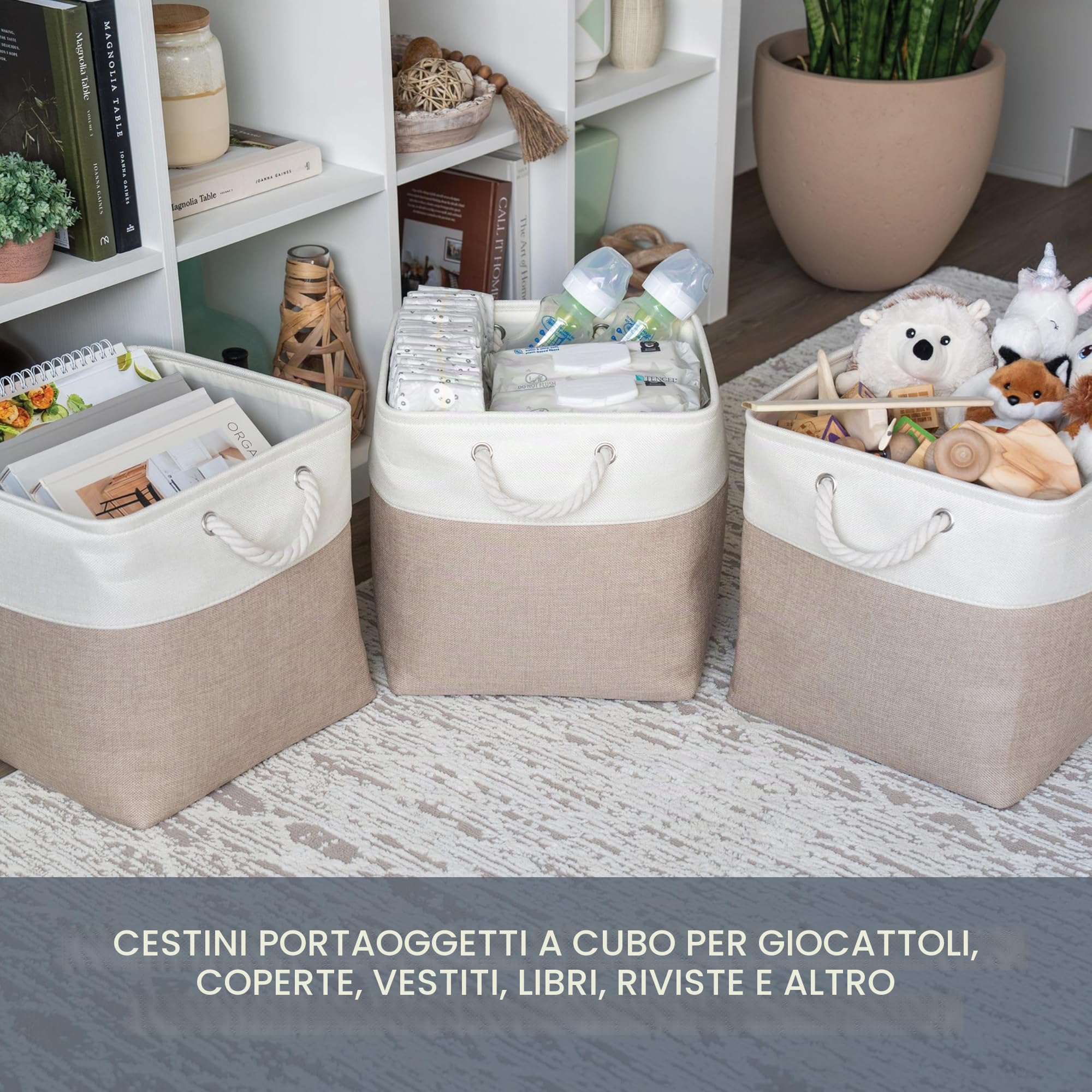 OrganiHaus Set di 3 Cubi Scatole Portaoggetti 33x33, Cestini Portaoggetti in Tessuto con Manici in Corda, Cubi Portaoggetti Pieghevoli per Libreria Kallax, Cestino per la Cameretta. Beige/Bianco
