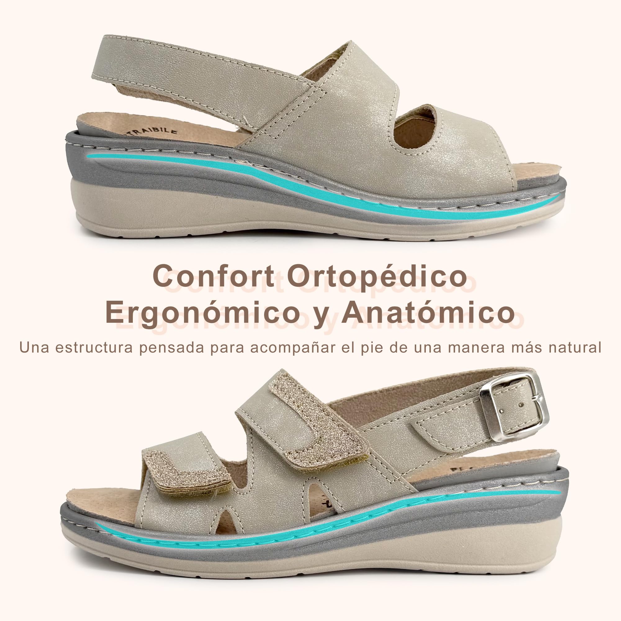 JOMIX Sandalias Ortopédicas Mujer Cómodas con Tiras Ajustables y Hebilla Regulable Cuña Ergonómica Anatómica Plantilla Extraíble de Piel Zapatillas de Verano para Mayor y Pies Sensibles