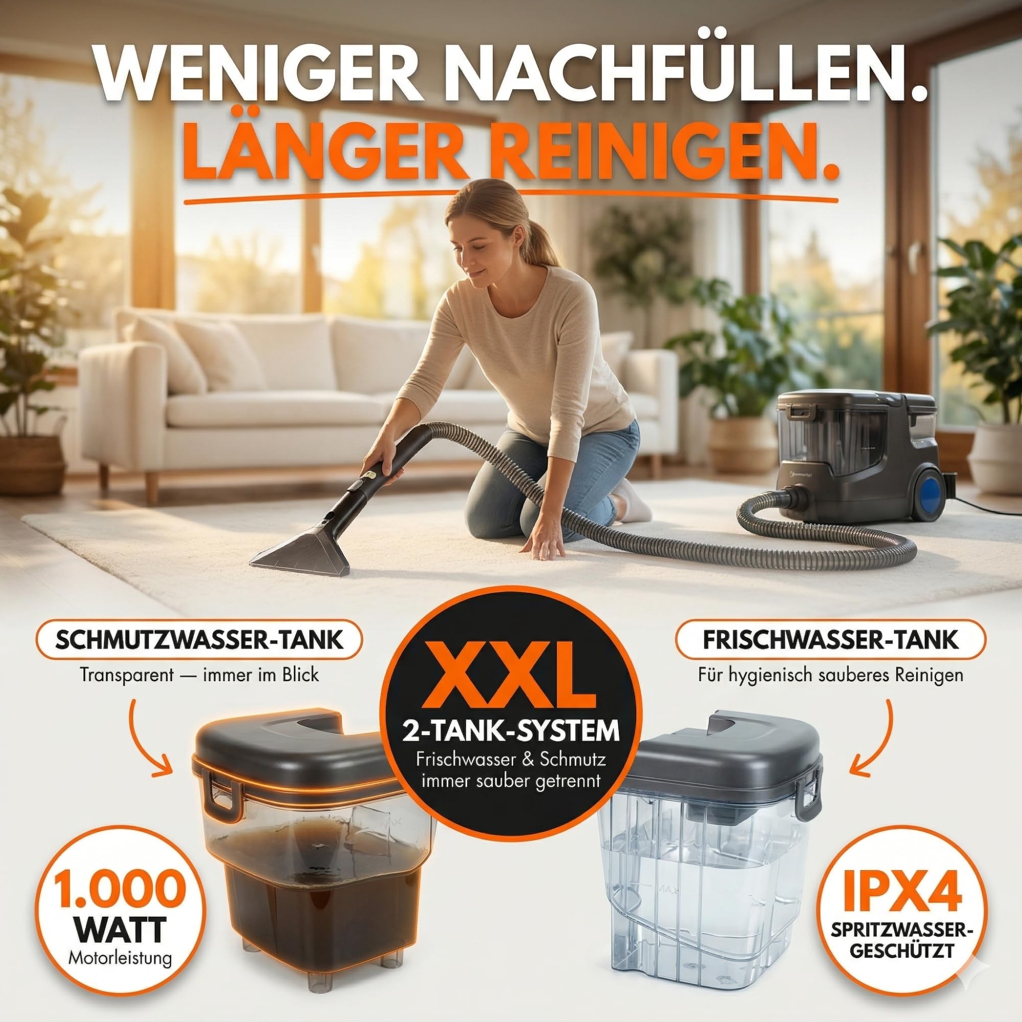 Sommertal HYDRO 9000 MAX Waschsauger | 1.000W, 28 kPa | Teppichreiniger & Polsterreiniger mit integriertem Dampfsauger und Nasssauger-Funktion für Teppich, Sofa, Auto-Innenraum & Matratzen
