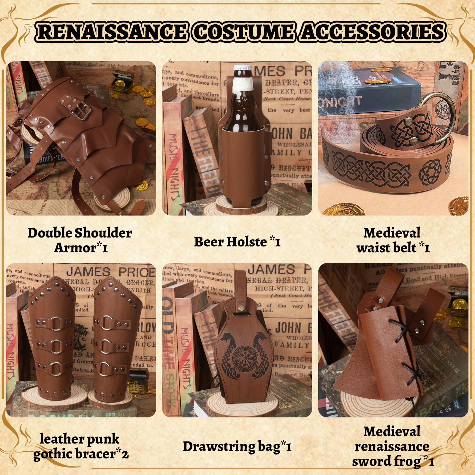 Cintura medievale per Halloween, accessori per abbigliamento vichingo, accessori per costume da cavaliere medievale, set di 6 per cosplay, mago, travestimento, Halloween