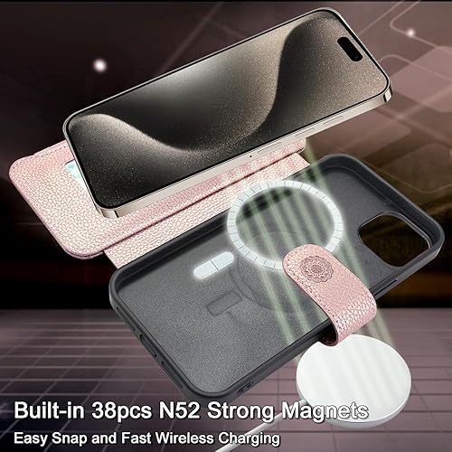 Miniatura 10 de Harryshell Funda compatible con iPhone 15 Pro, con carga inalámbrica MagSafe con 3 ranuras para tarjetas, bolsillo con cremallera, bolsillo con