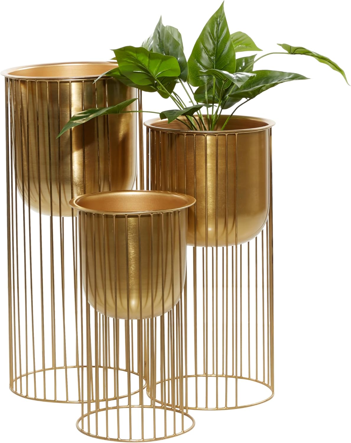 Deco 79 Metal Indoor Outdoor Planter Deep Recessed Dome Large Planter Pot with Elevated Caged Stand, Set of 3 Planters 24, 20, 16H, Gold
