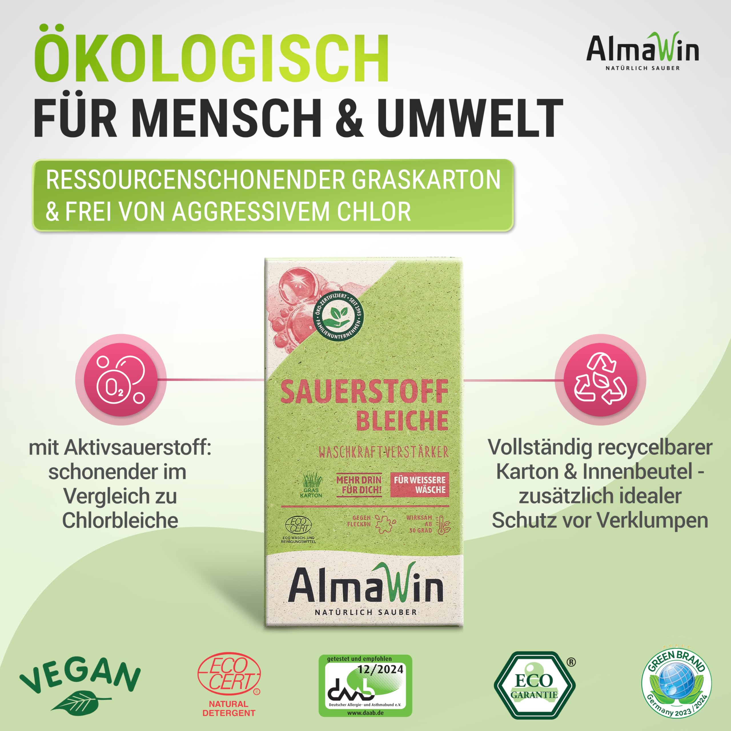 AlmaWin® Sauerstoffbleiche Pulver [6x 400g] für strahlend weiße Wäsche ab 30°C, gegen Gerüche & Verfärbungen - Aktivsauerstoff Bleichmittel für Abfluss, Spül- & Waschmaschine
