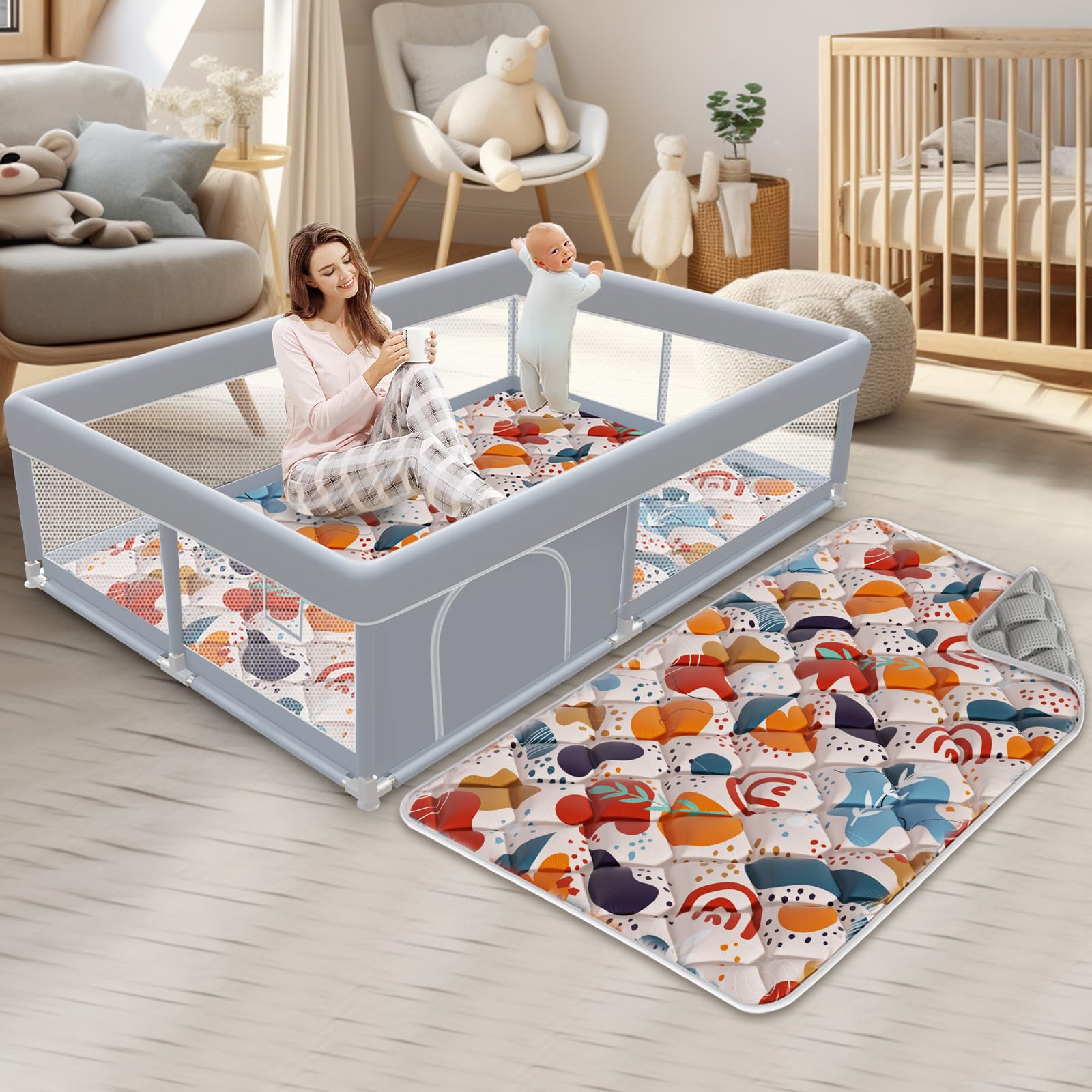 Baby Playpen with Mat 65 x 50 Inch Play Pen Playards, Playpen for Babies and Toddlers, Baby Playard for Indoor & Outdoor Active Center Game Fence, with Skin-Friendly Fabric and Soft Breathable