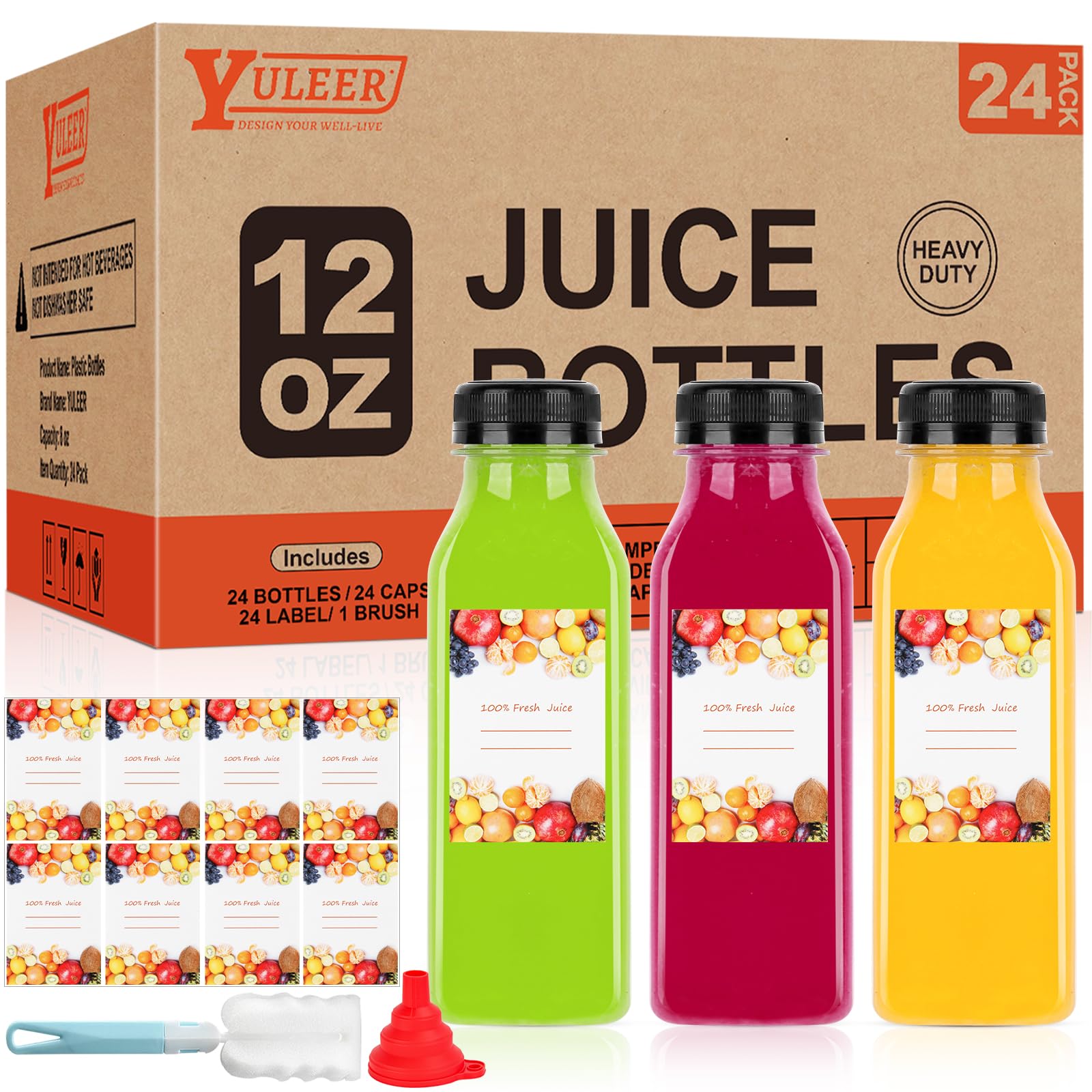 YULEER 24pcs 16oz Plastic Bottles with Caps, Take Out Bottles with Lids, Clear Juice Bulk Containers for Smoothie, Drinking, and Other Beverages