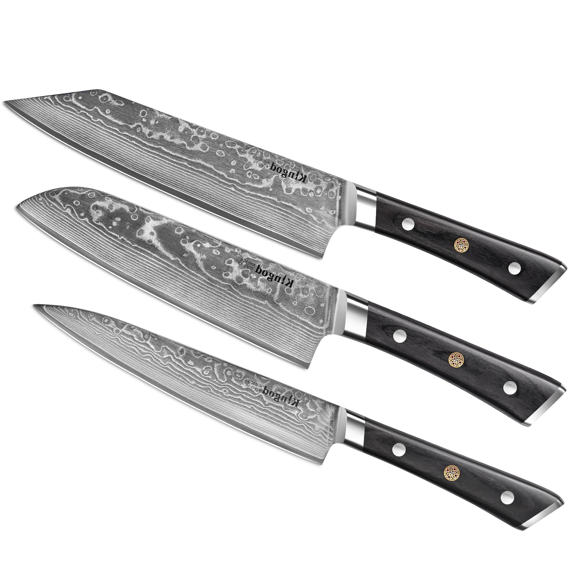 KINGOD 3-Piece Kitchen Knife Set – Chef, Santoku & Utility Knives, Sharp 10Cr15CoMoV Steel for Home Cooking, Easy to Use & Gift Ready