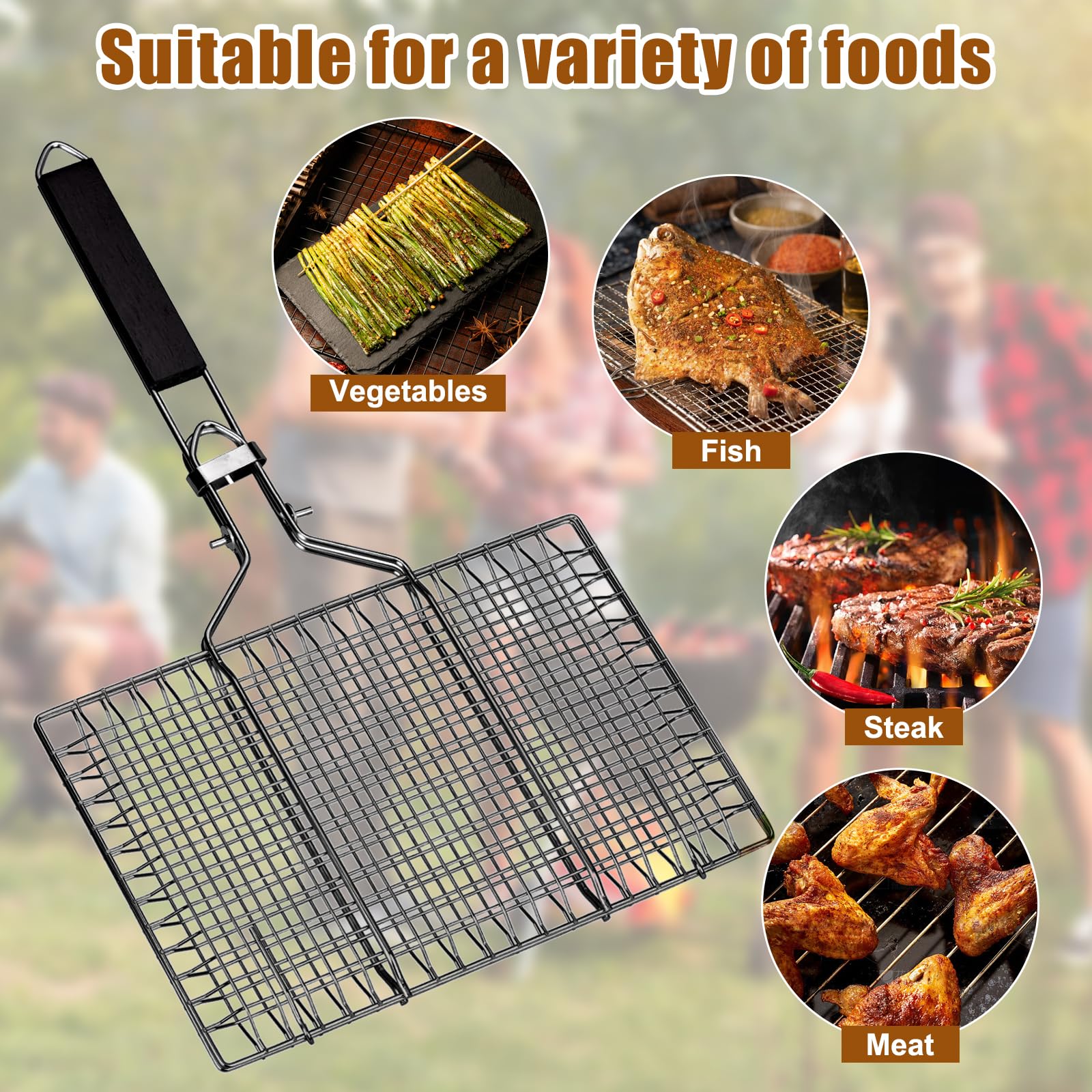 Panier de Barbecue Pliable 32 x 22 cm Acier Inoxydable avec 2 Brosses Silicone pour Poisson Crevettes Légumes Steak