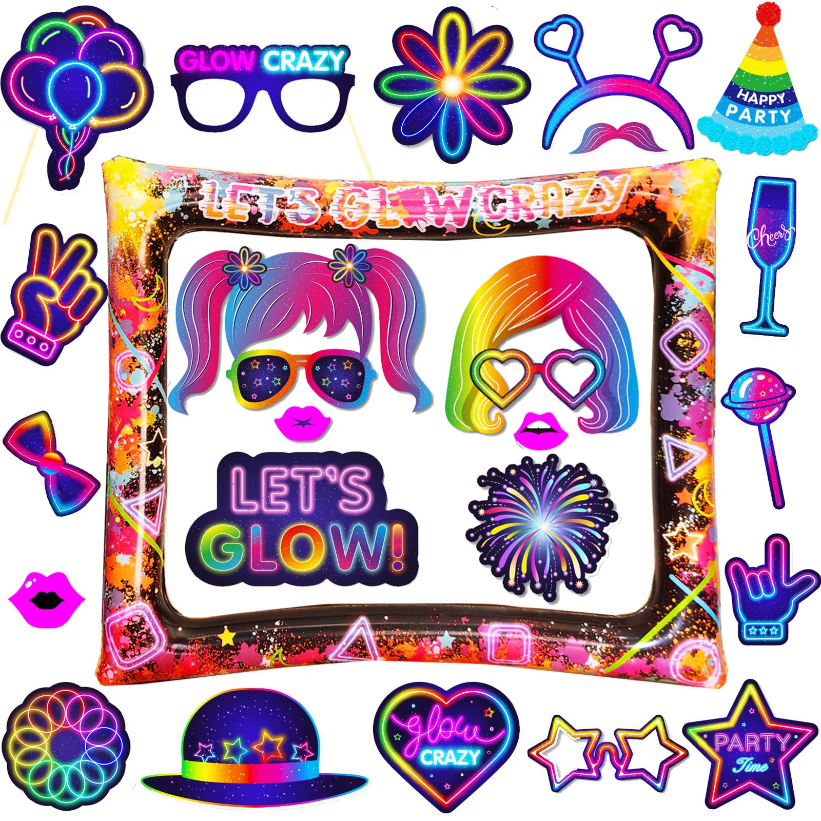 Neon Party Decorations, 25PCS Neon Photo Booth Props, Inflatable Photo Booth Frame, Glow Selfie Frame, Fun Selfie Props, for Neon Party Accessories Carnival Birthday Wedding