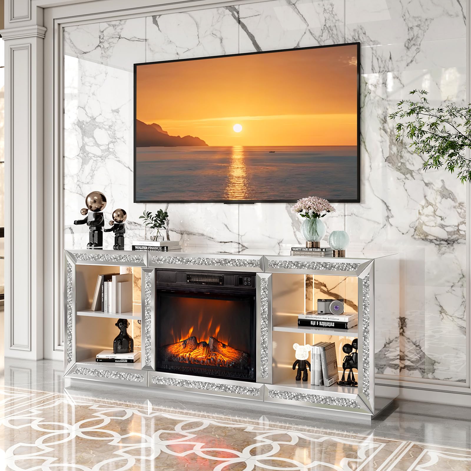 Amazon.com: Bonnlo Mirrored Fireplace TV Stand for 70