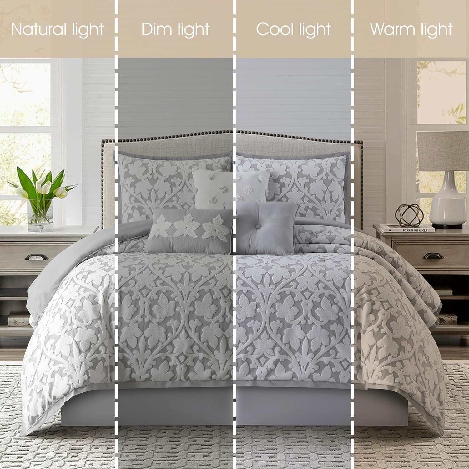 Grand Avenue 7 Piece White Grey Comforter Set, Queen Size Jacquard Bedding Set, All Season Floral Leaves Bedding, Matching Pillows, Shams, Bed Skirt - Image 5