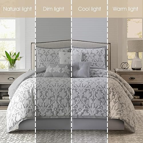 Miniatura 5 de Grand Avenue Juego de edredón de 7 piezas, color blanco y gris, juego de ropa de cama jacquard tamaño King, ropa de cama de hojas florales para