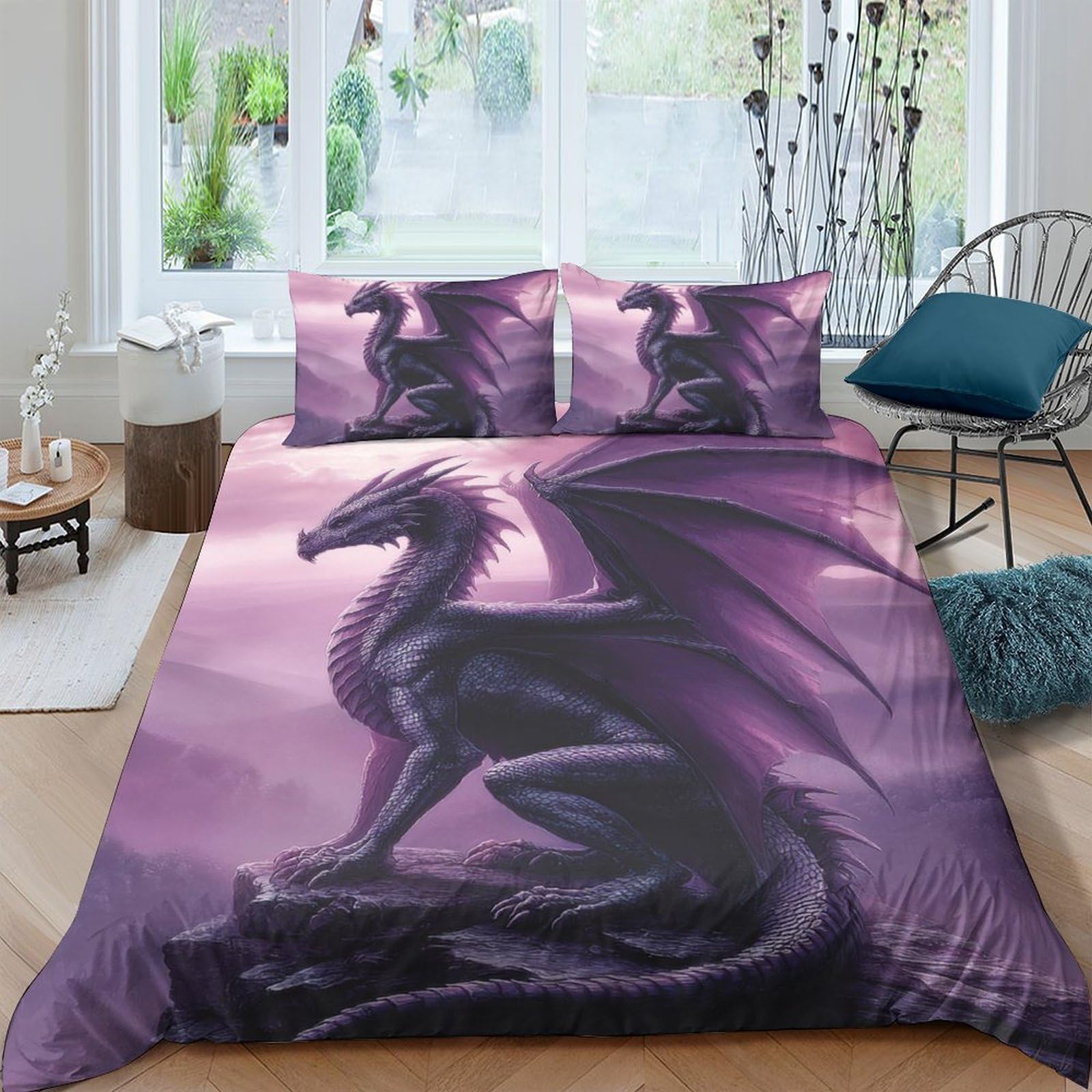 Ctjqhvkz Style-10 3D Printed Purple Dragon Fitted Sheet Microfiber Soft Anti-Slip Fantasy Winged Mattress Cover For Bedroom Decor Single（135X200cm）