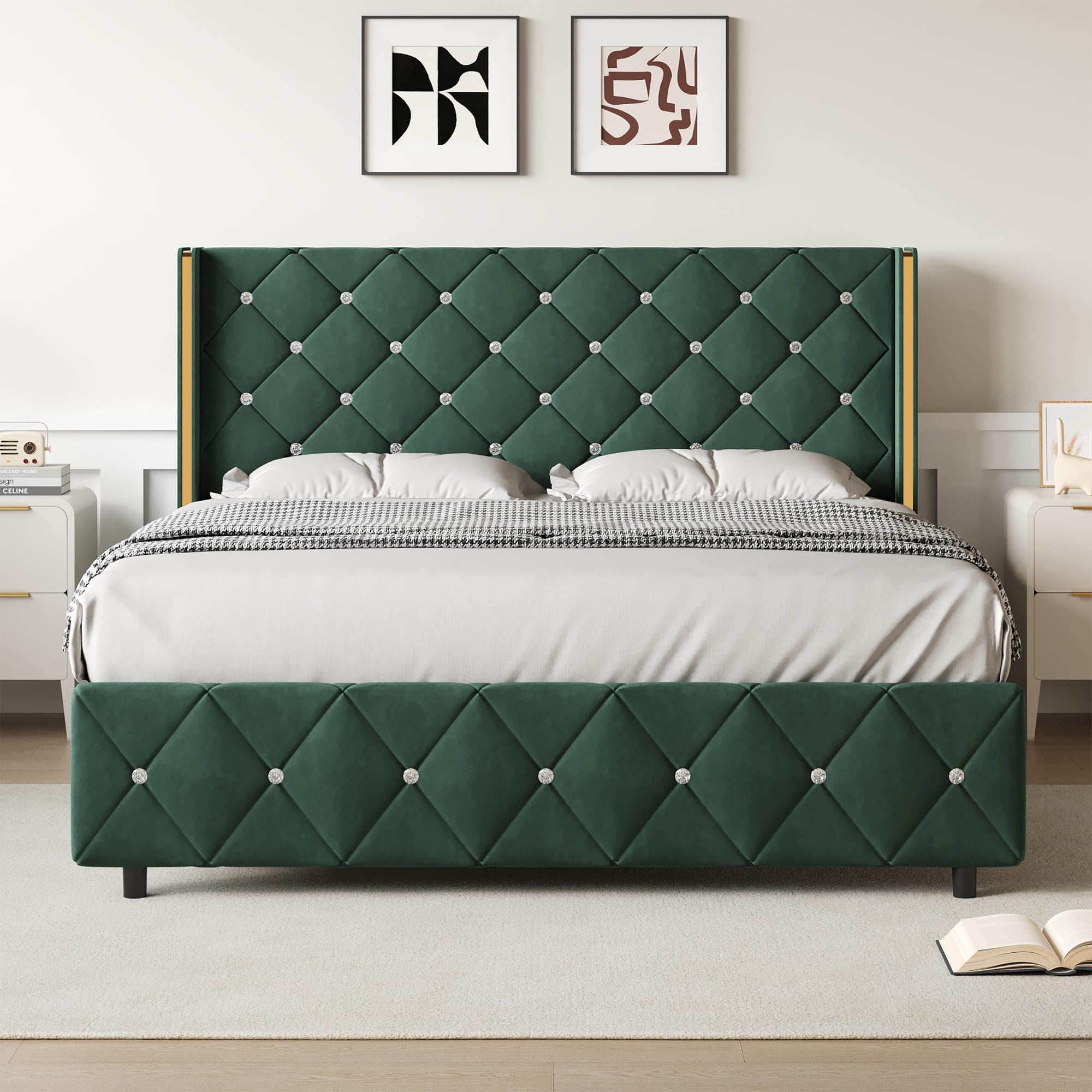 Lullabyre Queen Size Bed Frame, Upholstered Bed Frame with Diamond Tufted Headboard, Modern Silverside Wingback, No Box Spring Needed, Easy Assembly,