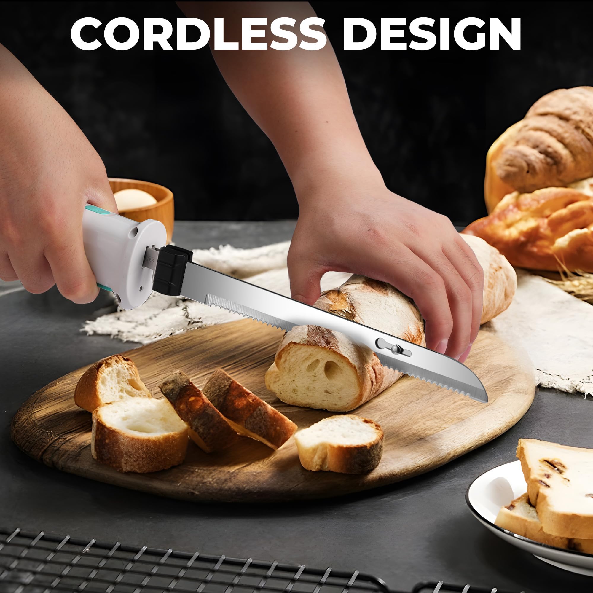 HAUSHOF Cordless Electric Knife Set for Meat Slicing, 8V Electric Carving Knife for Fish, Bread, Turkey, Rechargeable Meat Cutter with Reciprocating Stainless Steel Blades, Safety Lock & Storage Case