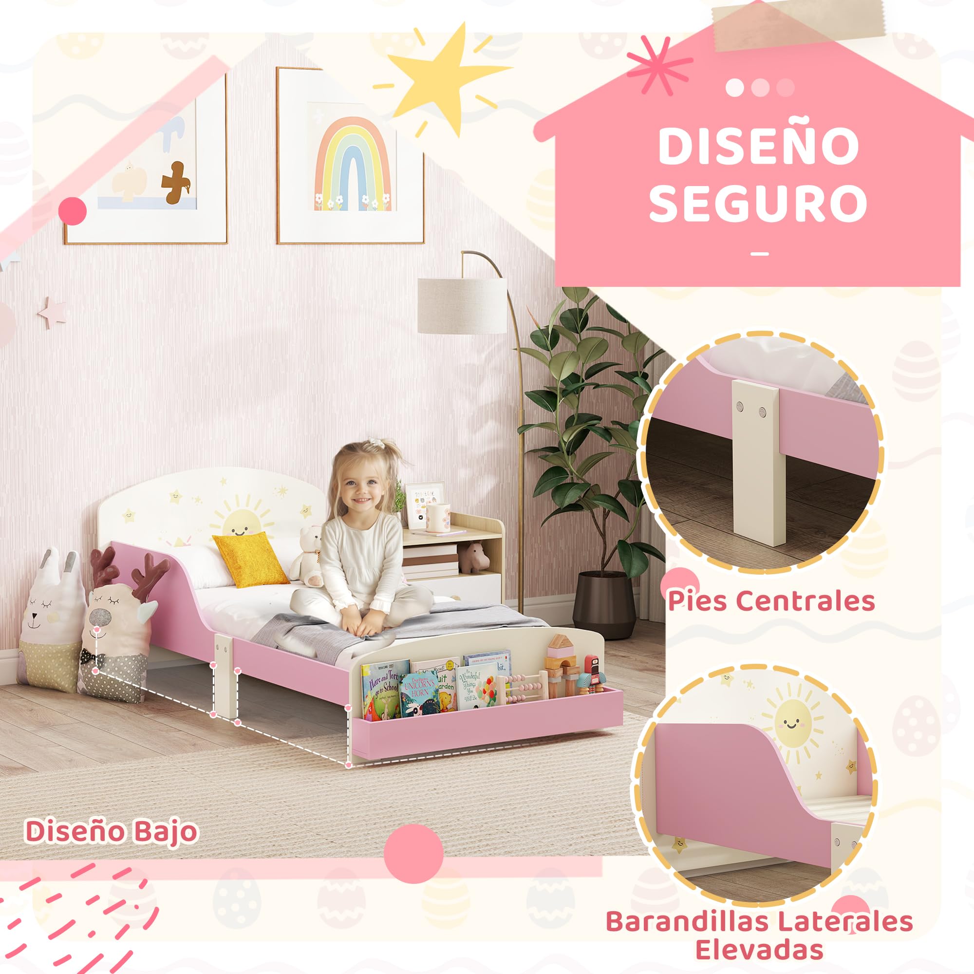 AIYAPLAY Cama Infantil 70x140 cm de Madera con Almacenaje Cama para Niños de +3 Años con Protección Anticaída Cabecero en Dibujos de Estrellas Carga 40 kg para Dormitorio Rosa
