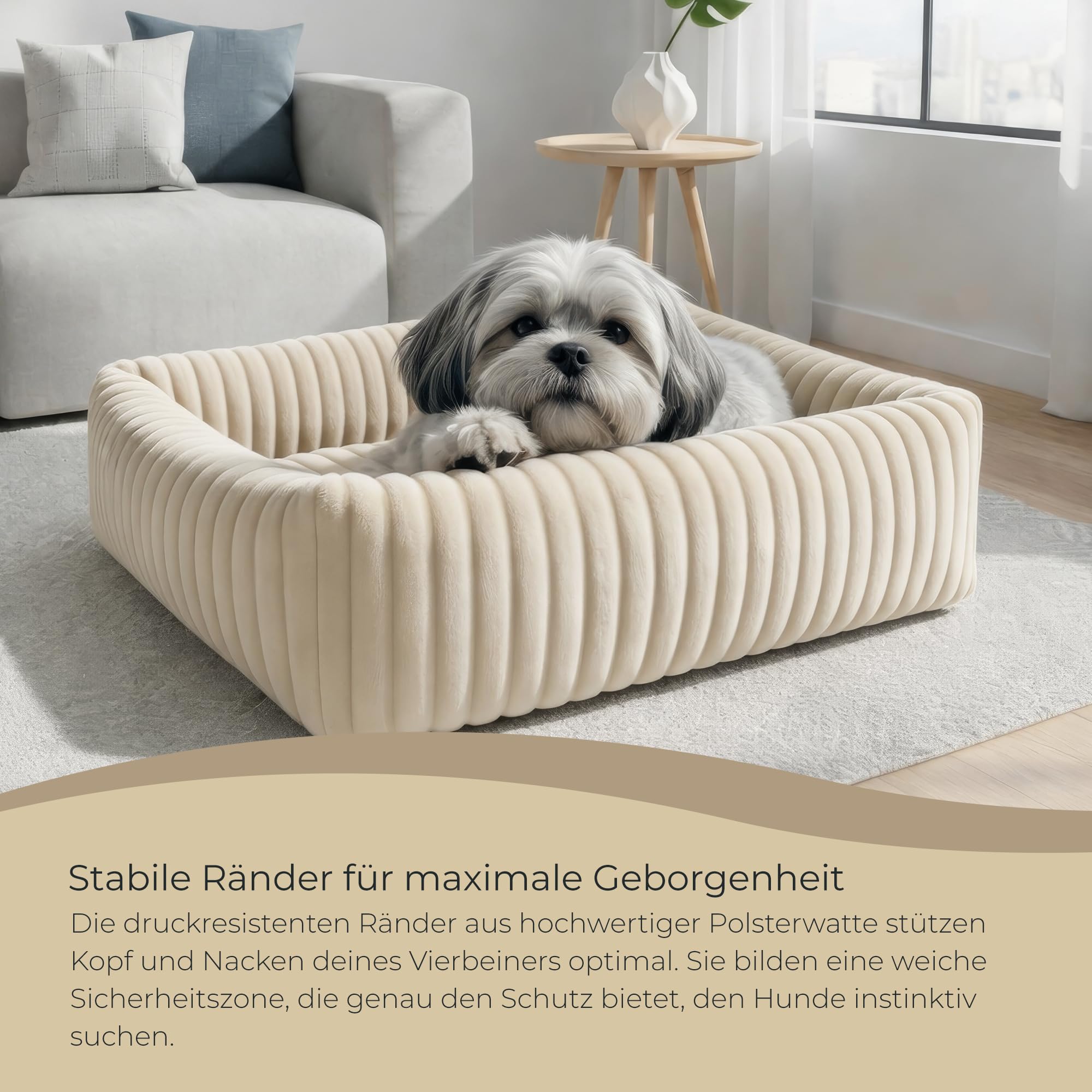 Hundebett - 75 x 65 cm Breitcord - mit stabilen Rändern und Silikonfaser-Füllung - mit separater Liegematte für Unterwegs - Hundekissen Ecru