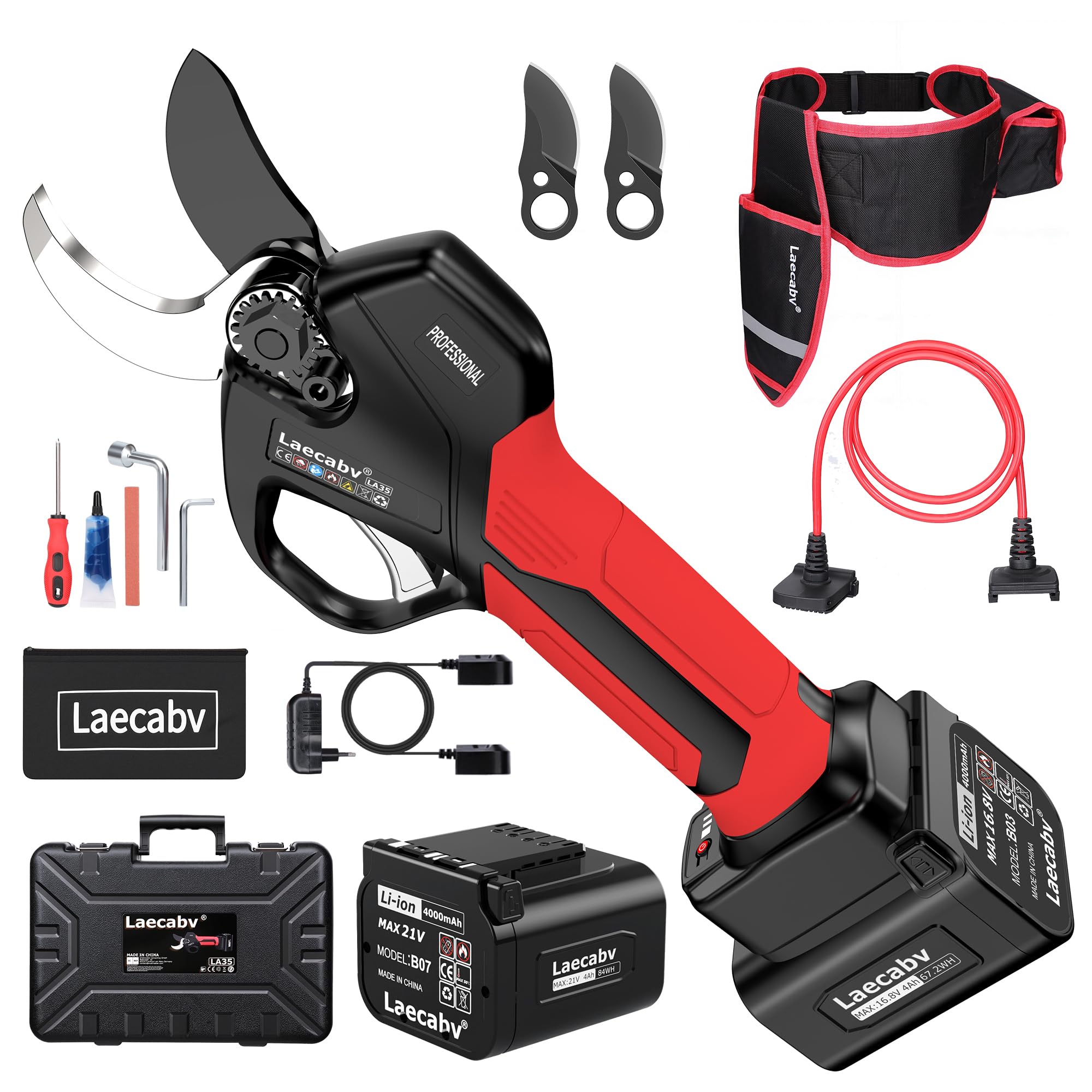 Laecabv 35mm Forbici Potatura a Batteria, Cesoia Elettrica Professionali, 2 Batterie 4Ah, Protezione Anti-Taglio, Taglio Progressivo, Cesoie Olivo Vigneto, Compatibile LA-E05
