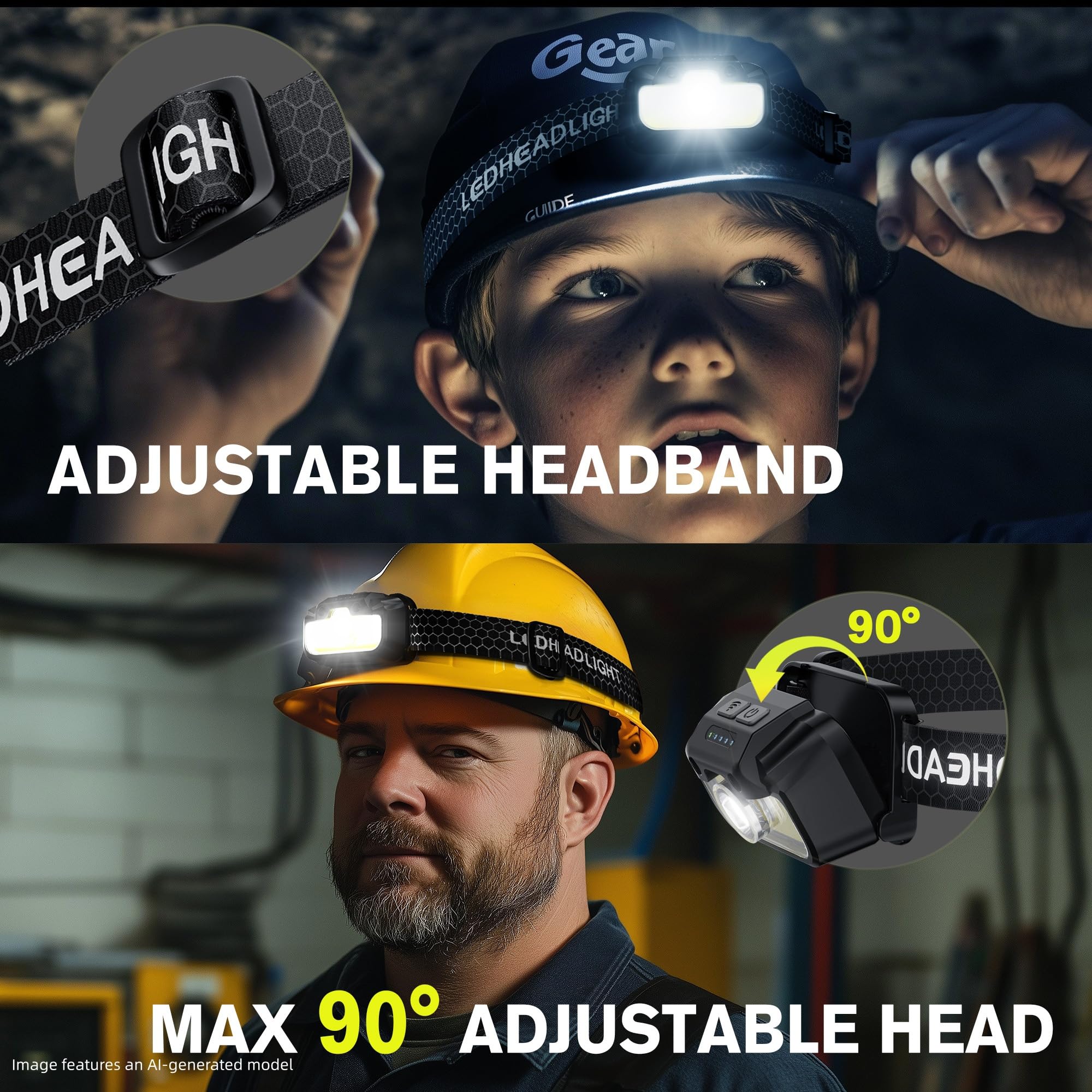 Favorlite Stirnlampe, wiederaufladbar, 1300 Lumen, leicht, hell, weiß, grün, rot, wasserdicht, Bewegungssensor, 14 Modi, 2 Stück