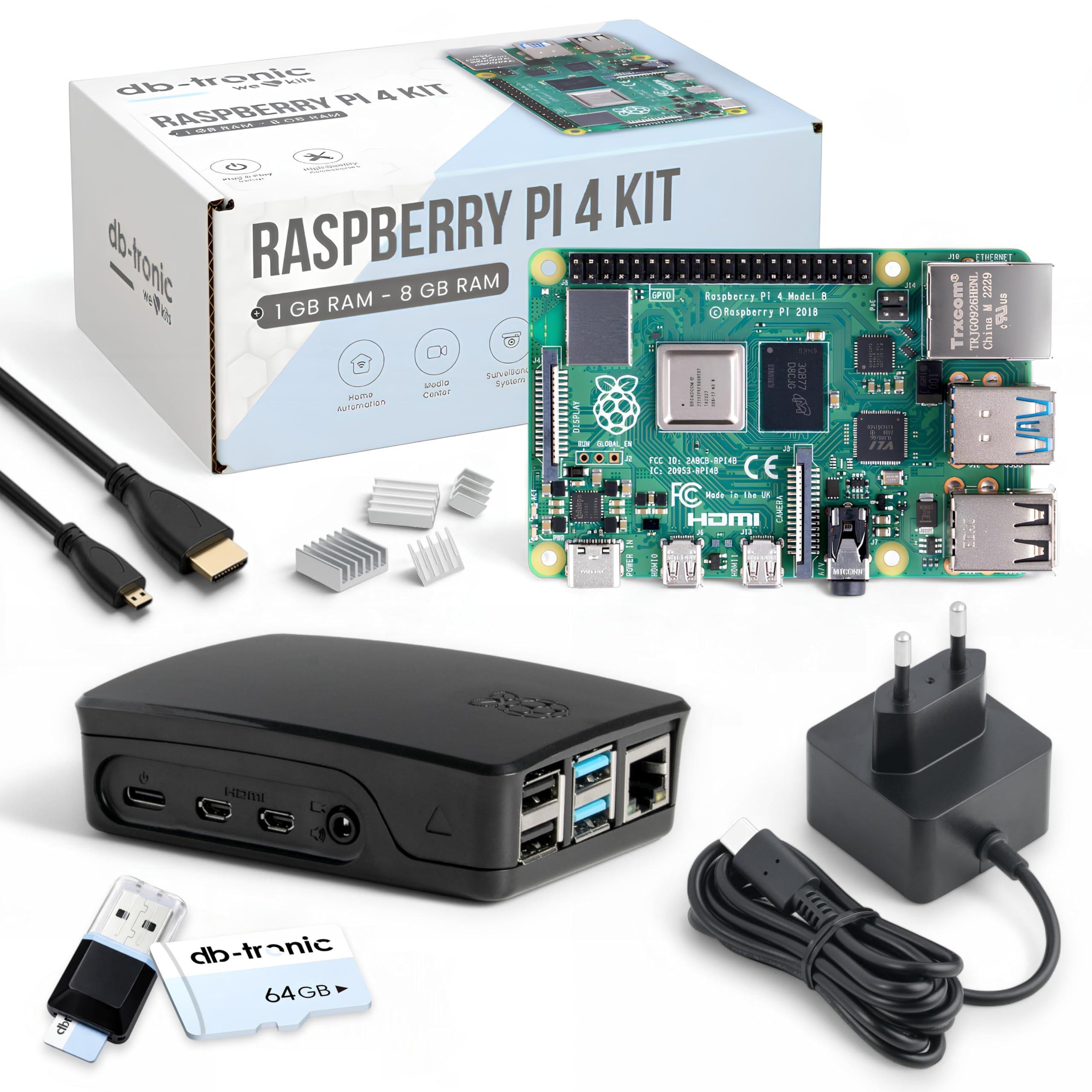 db-tronic Raspberry Pi 4 4 GB Starter Kit | Edición Negra 64 GB | Alimentación 15 W | Carcasa | Micro HDMI 4K | Disipadores | Lector USB | Ideal para Home Assistant y el Smart Home