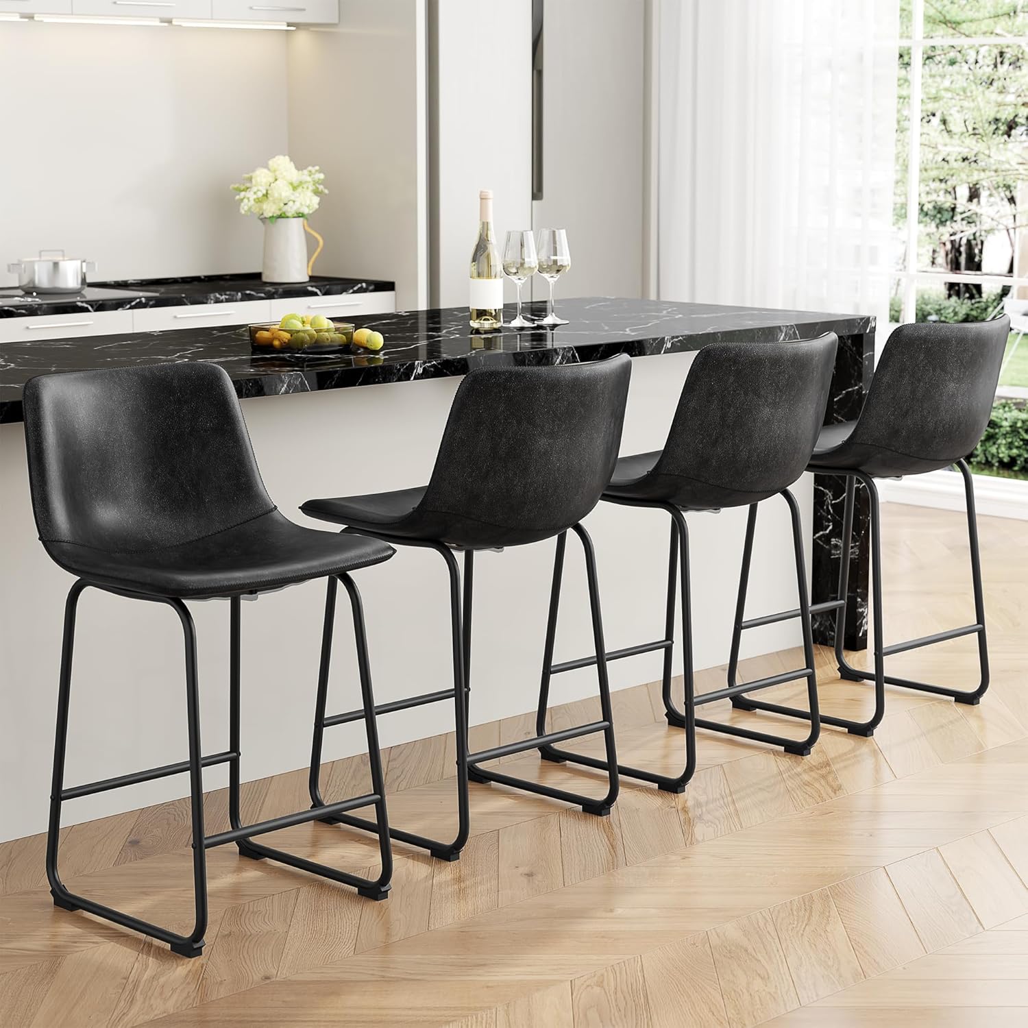 Set of 4 Black PU Leather Counter Height Bar Stools with Metal Legs