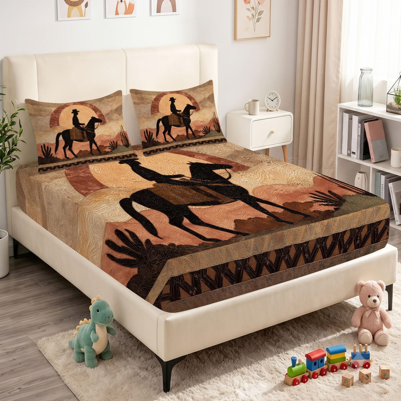 Juego de sábanas bajeras ajustables de 3 piezas, 140 x 200 cm, diseño vaquero jinete, de microfibra, retro, vintage, suave y agradable a la piel, transpirable, hipoalergénica, colchones de hasta 30 cm