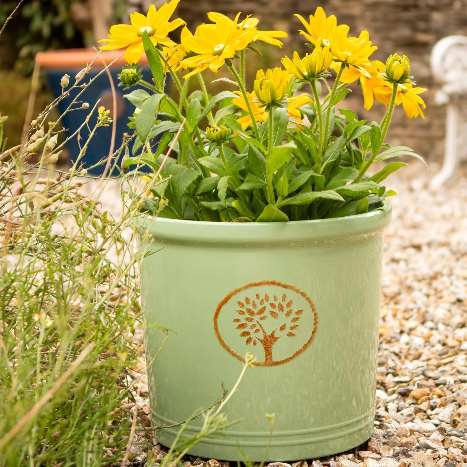 Creekwood Green Cotswold Cylinder Plastic Plant Pot 15cm, Decorative Indoor Outdoor Flower Pot, Small Round Garden Planter, Lightweight Weatherproof Herb Pot for Houseplants, Succulents & Flowers