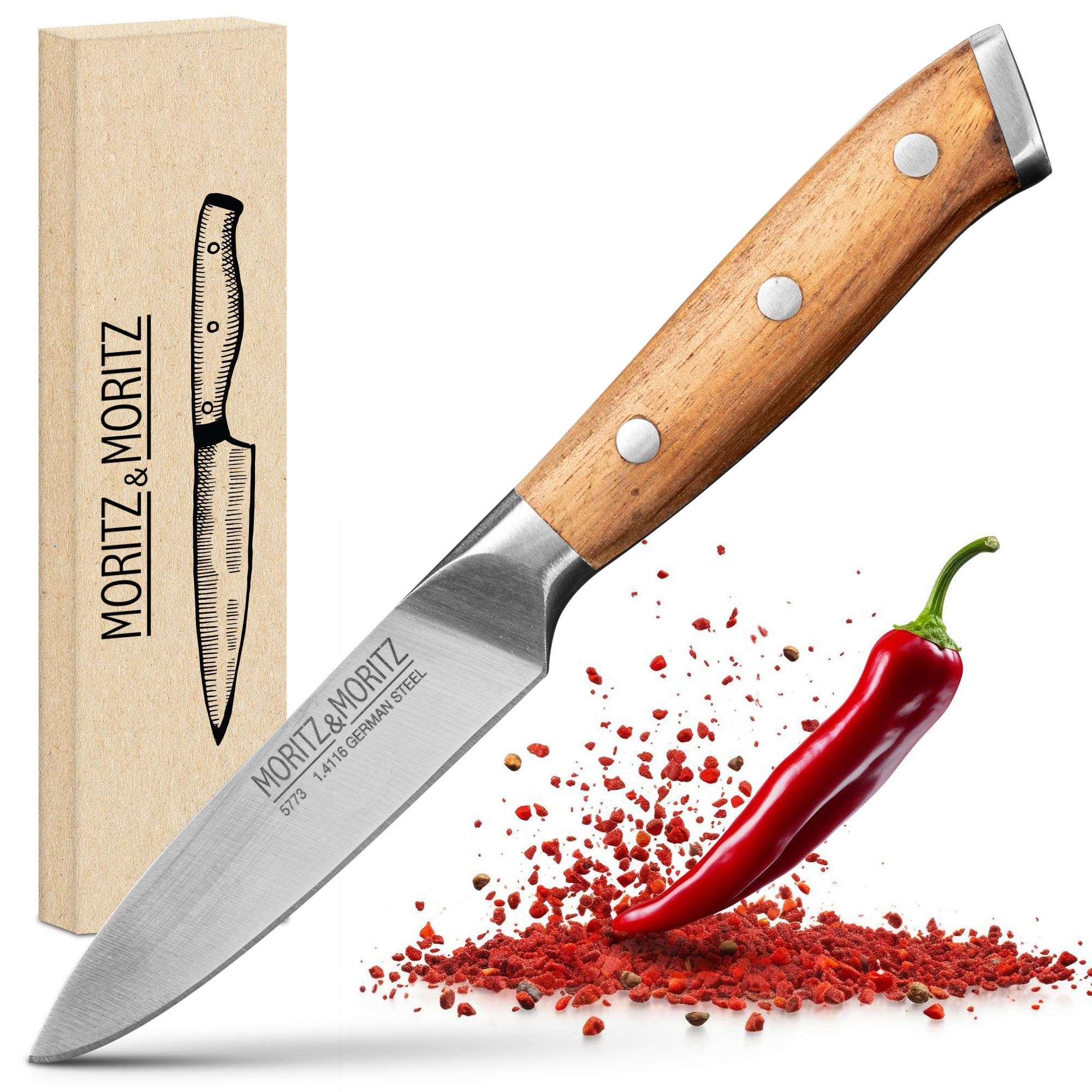 Moritz & Moritz Gemüsemesser 9 cm - Kleines Obstmesser mit scharfer Klinge - Schälmesser für präzises Schneiden - Ergonomischer Griff aus Akazienholz - Allzweckmesser aus deutschem Messerstahl