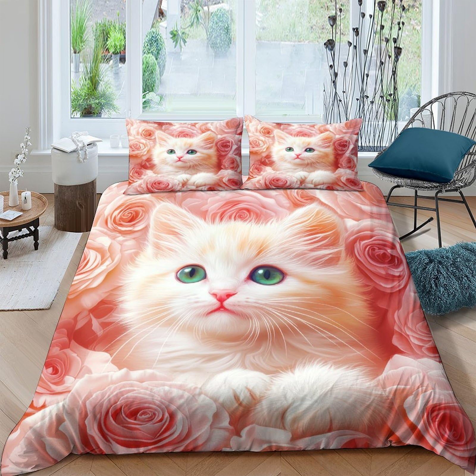 Ctjqhvkz Style-1 3D Printed Fluffy Cat Rose Fitted Sheet Microfiber Non-Slip Bed Cover For Bedroom Dorm Easy Care Decorative Single（135X200cm）