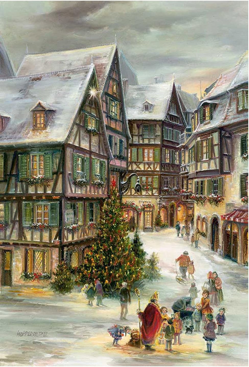 2701 Bruck & Sohn Advent-Typical European Village Scene at Christmas-15 H x 10.5" W x .1" D, Gray