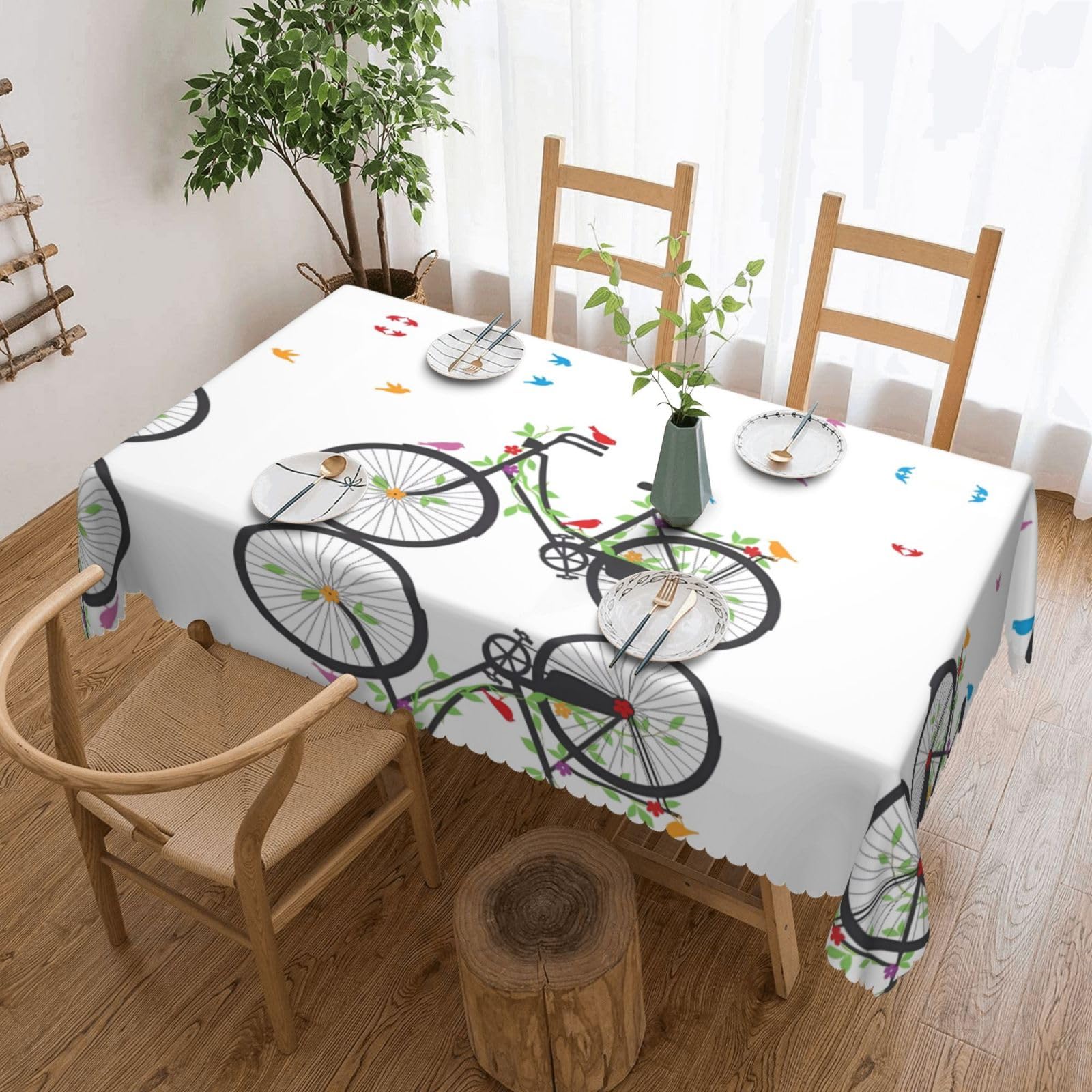 HLSBSSL Birds Flowers on Bikes Patterned square lace tablecloth, wrinkle-resistant and durable, suitable for dining tables, parties, etc.