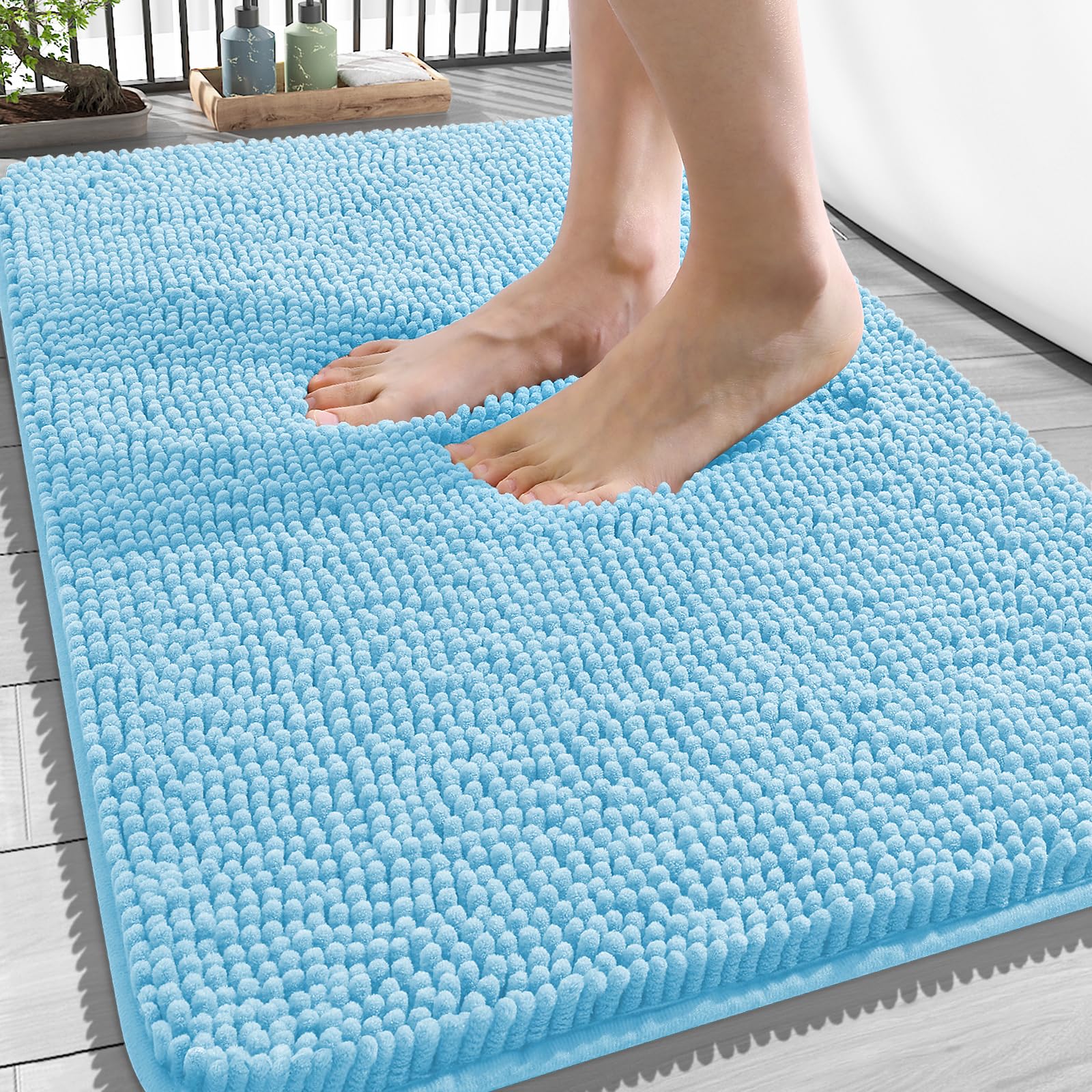 OLANLY Bathroom Rugs 34x21, Extra Soft Absorbent Chenille Bath Rugs | Sky Blue, Quick-Drying Rubber Backing, Machine Washable Bath Mat for Bathroom Floor, Tub and Shower, Home Decor Accessories