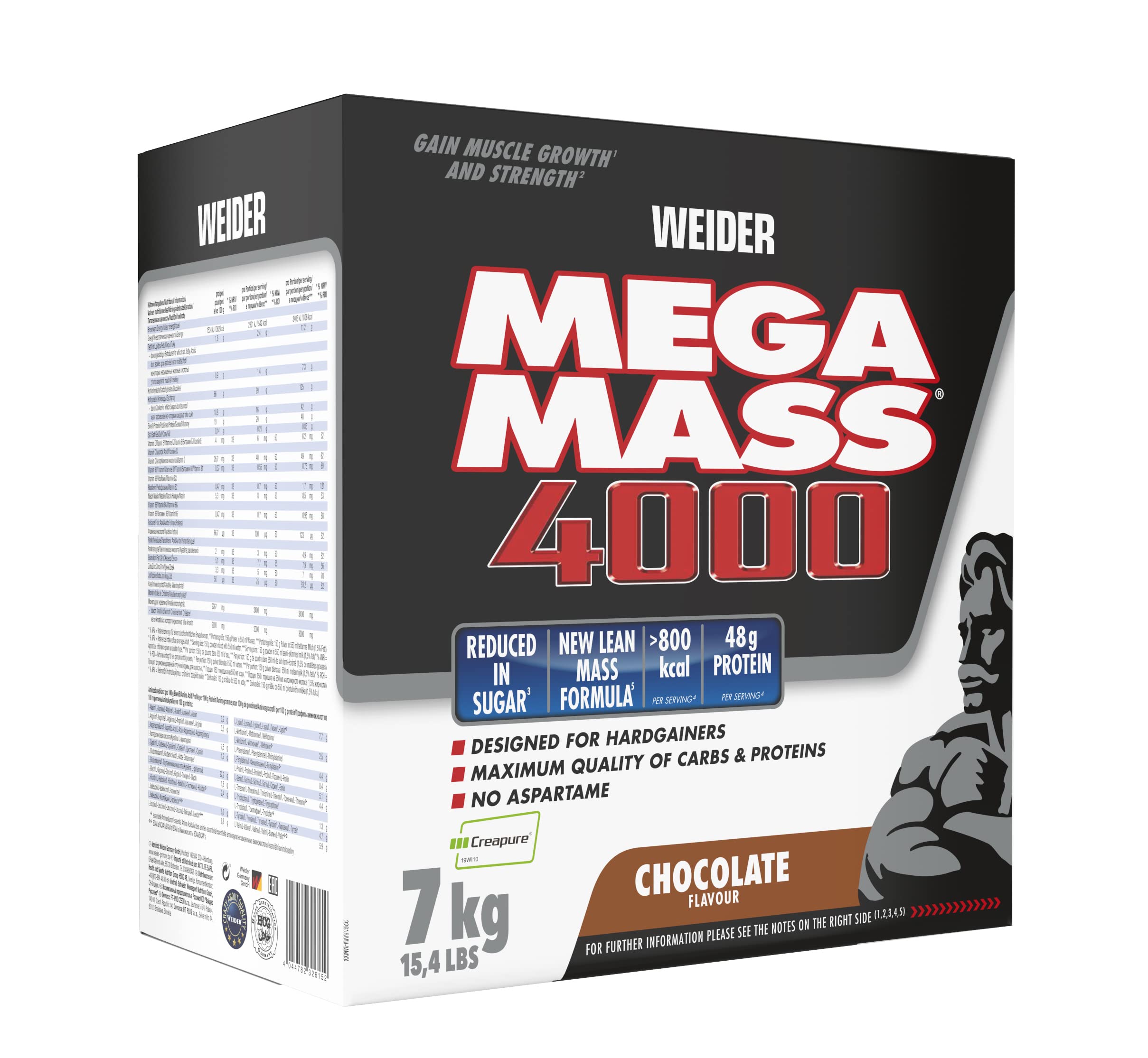 Weider Mega Mass 4000. Legendarny Gainer z Węglowodanami, Białkiem, Monohydratem Kreatyny Creapure, Witaminami i Minerałami. Czekolada - 7 kg