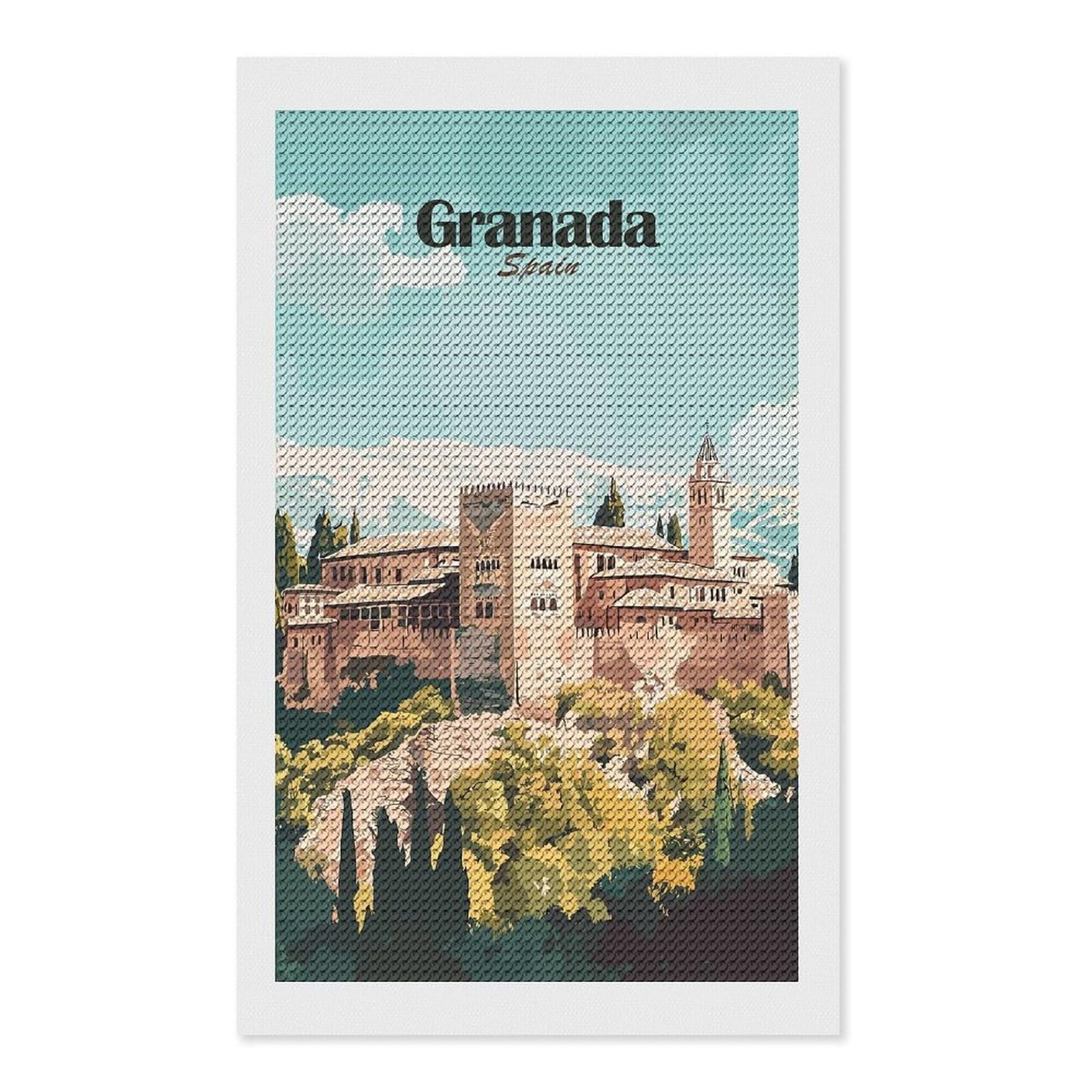 Junmoney Granada Spain Travel Diamond Painting Set 12"x20", Modern Decor, for Beginners, Printed Canvas, Thoughtful Handmade Gift, with Tool Kit