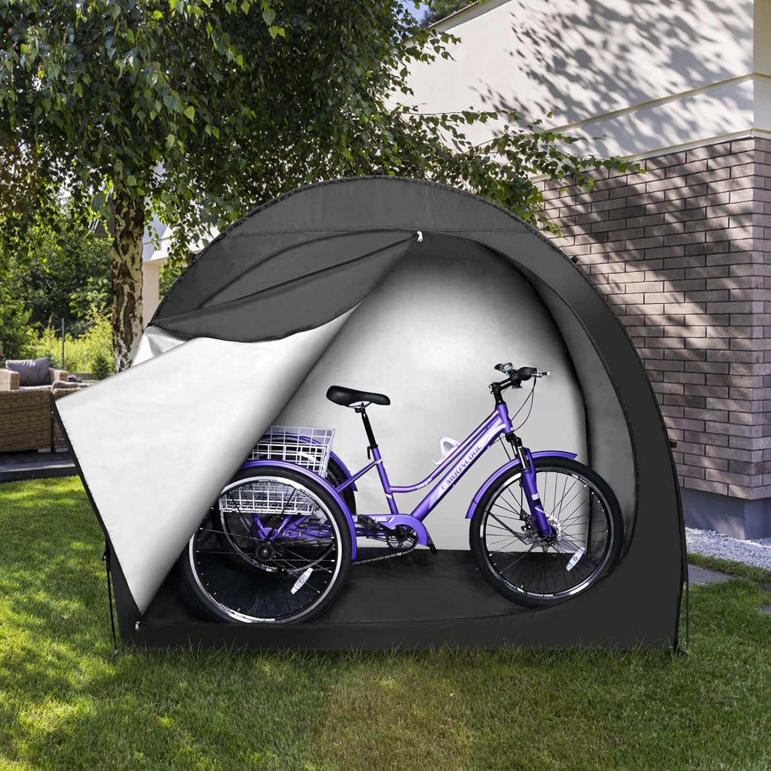 HZT Bike Storage Tent, Patio Storage Shed, Outdoor Storage Cover for Bicycle Lawn Mower Garden Tools, Waterproof Bike Storage Tent Shelter (Ridge Black, 230D Oxford) HZT Bike Storage Tent, Patio Storage Shed, Outdoor Storage Cover for Bicycle Lawn Mower Garden Tools, Waterproof Bike Storage Tent Shelter (Ridge Black, 230D Oxford)