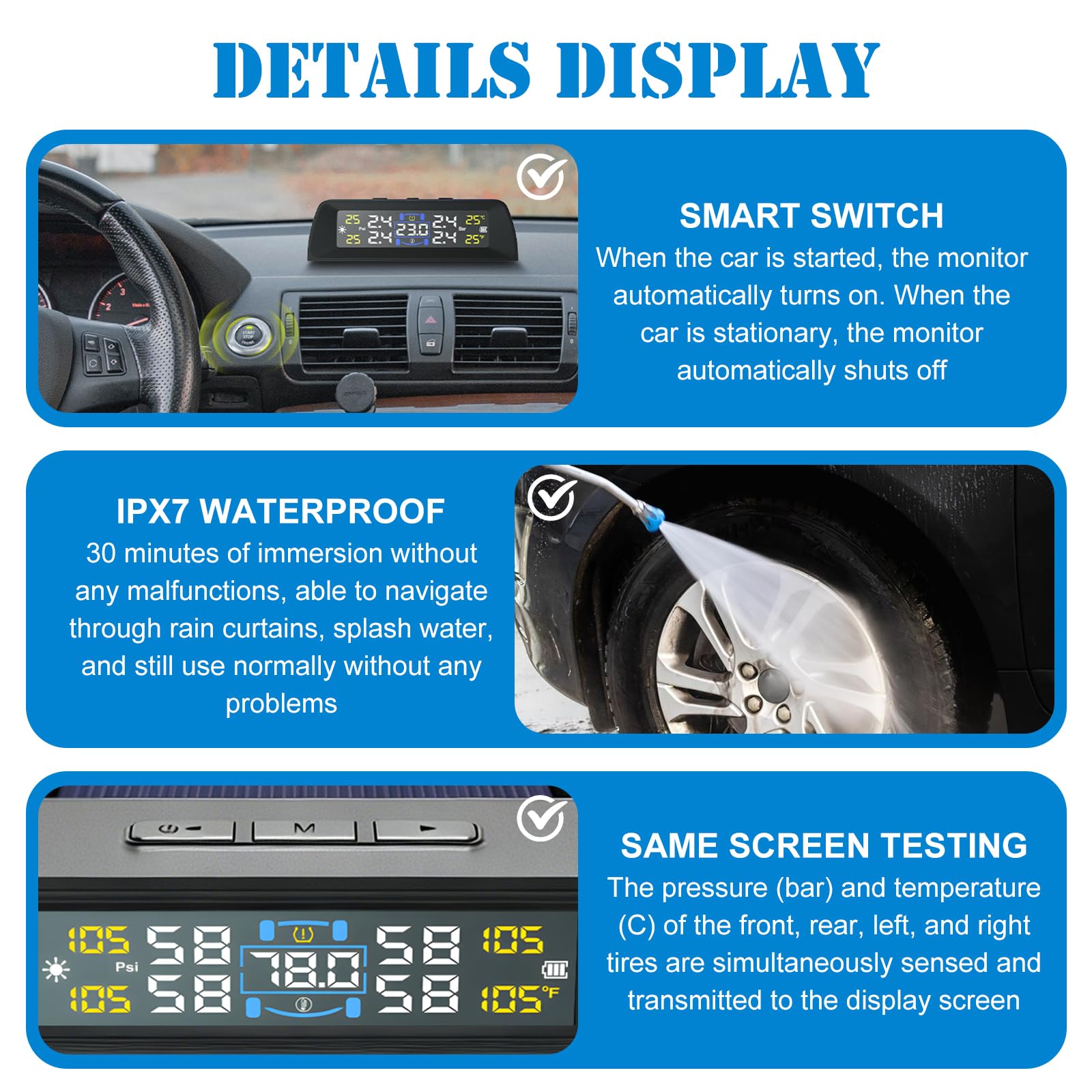 TPMS, sistema di controllo della pressione degli pneumatici, sistema di controllo digitale della pressione degli pneumatici, TPMS con 4 sensori esterni, IPX7, impermeabile, mini monitoraggio della
