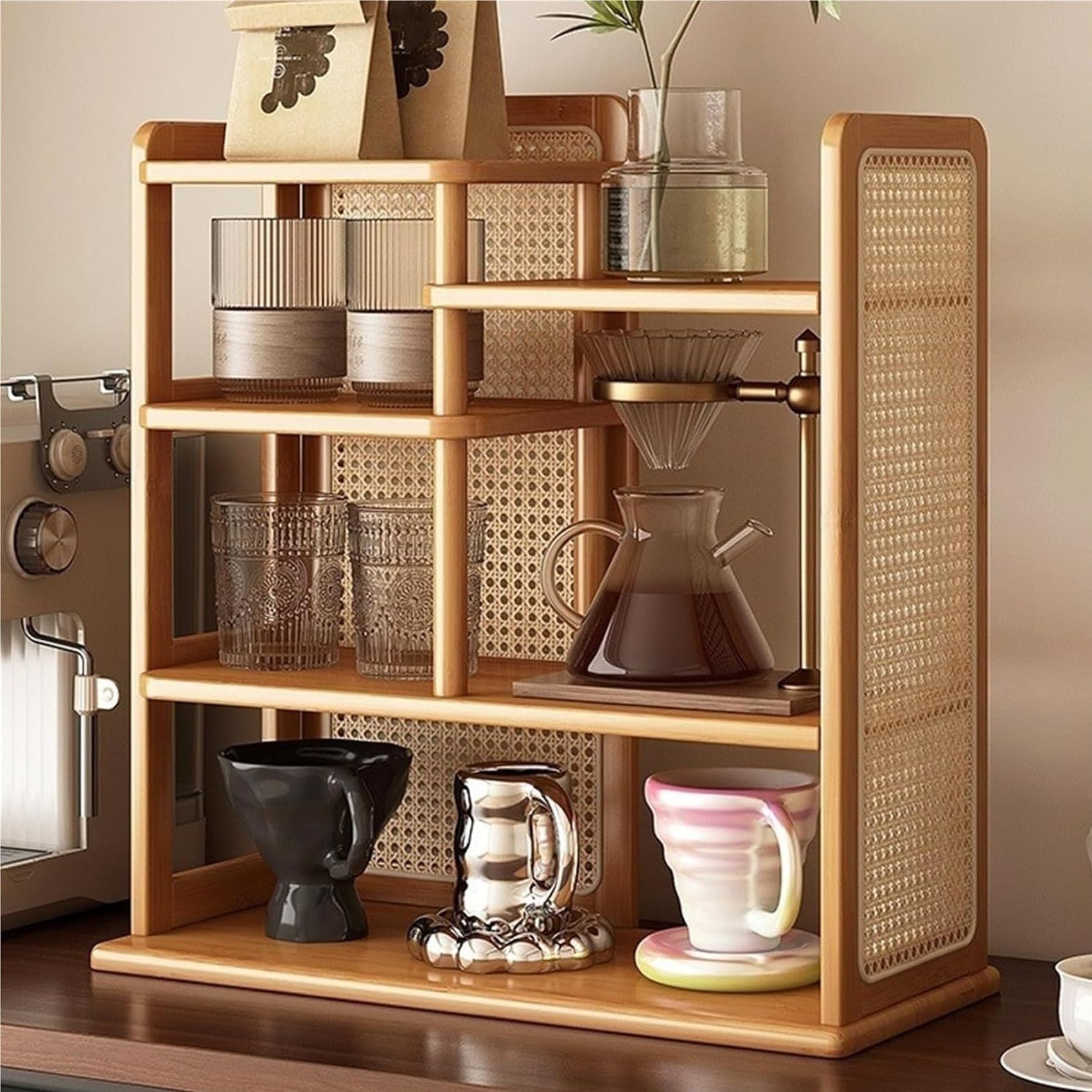 Porta tazze da caffè in rattan multistrato in bambù con ripiani in legno massello per soggiorno e cucina, design naturale (50 cm)