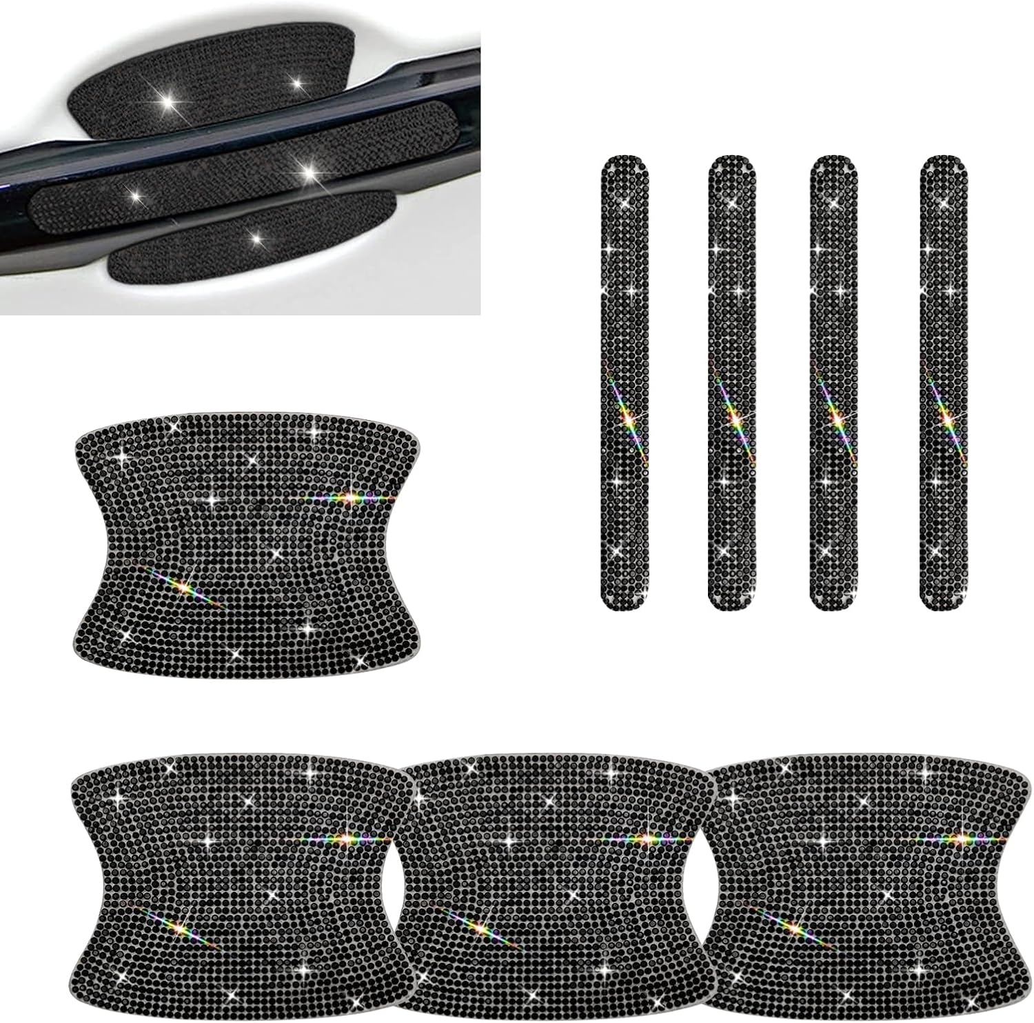 8 PCS Bling Car Door Handle Protectors, Crystal Rhinestone Decoration Film, Anti-scratch Door Bowl Paint Guard, Self-adhesive Exterior Accessories for Cars SUVs Trucks (Black)