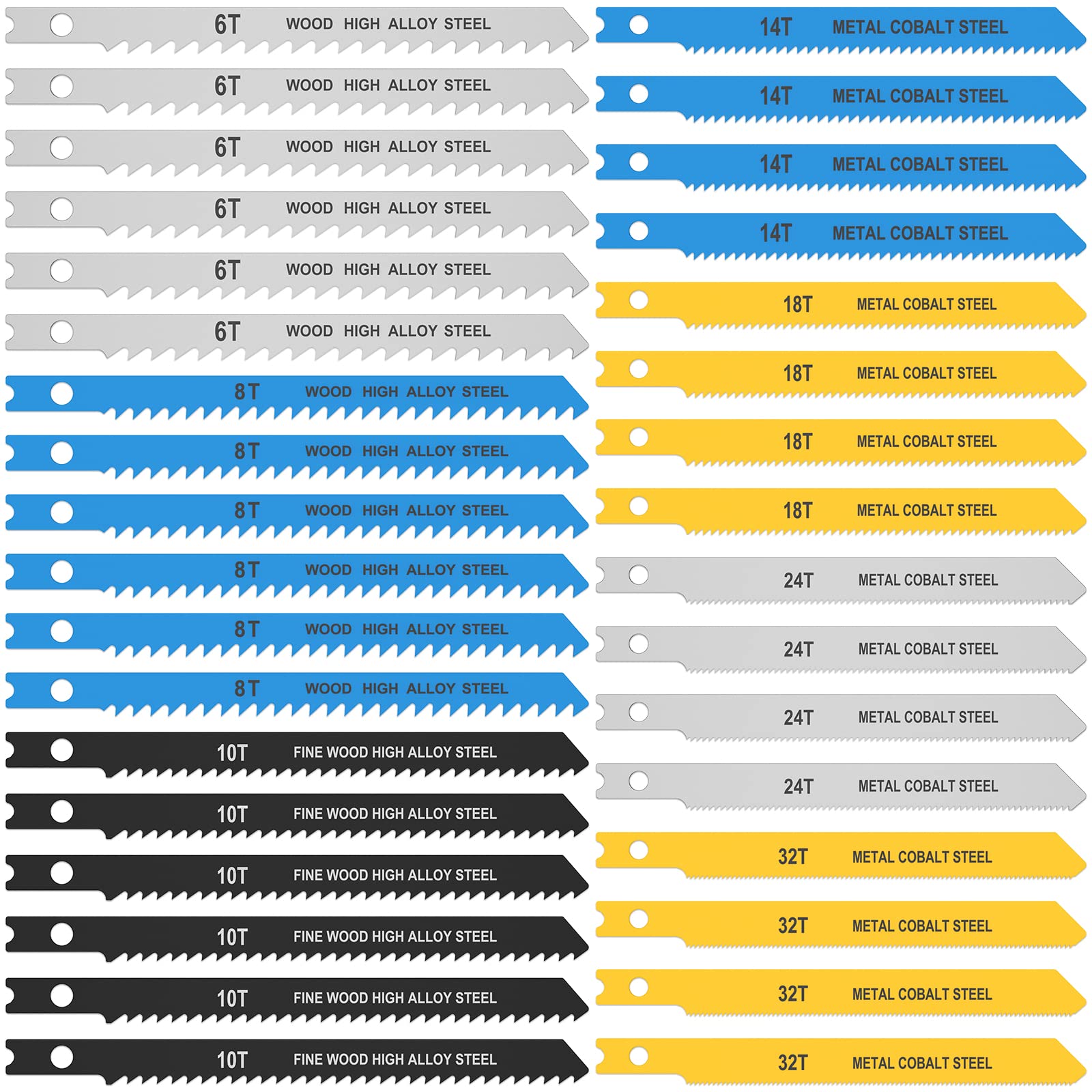 Set di 34 lame per seghetto alternativo 14TPI, 18TPI, 24TPI, 32TPI, 6TPI, 8TPI, 10TPI per il taglio di metallo, legno e plastica lama per seghetto alternativo in acciaio al carbonio per tagli veloci e
