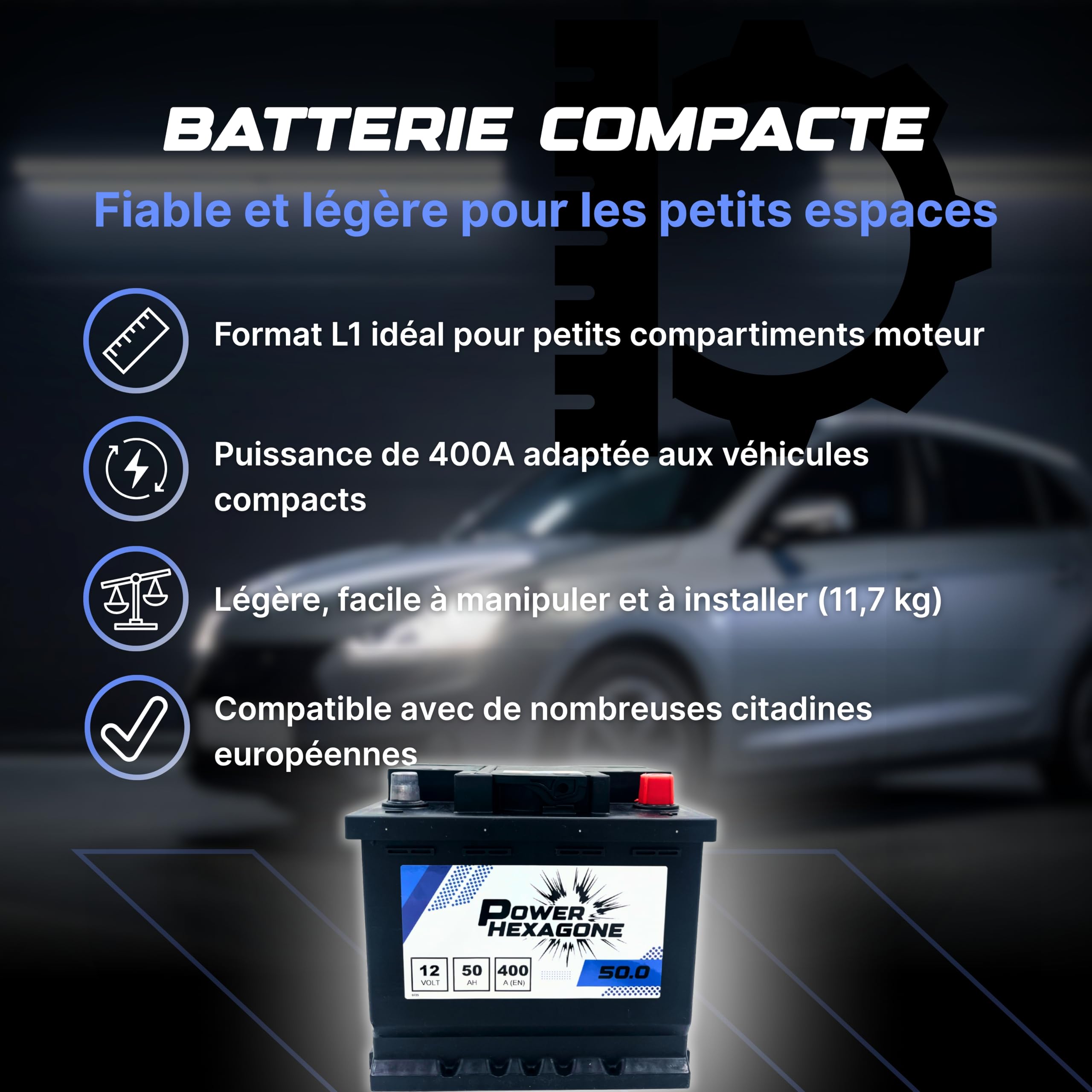 Batterie Voiture 12V 50Ah L1 - Démarrage 400A - Qualité Origine constructeur - Batterie Auto Sans Entretien prête à l’emploi - Remplacement équivalent - Livraison rapide Power Hexagone