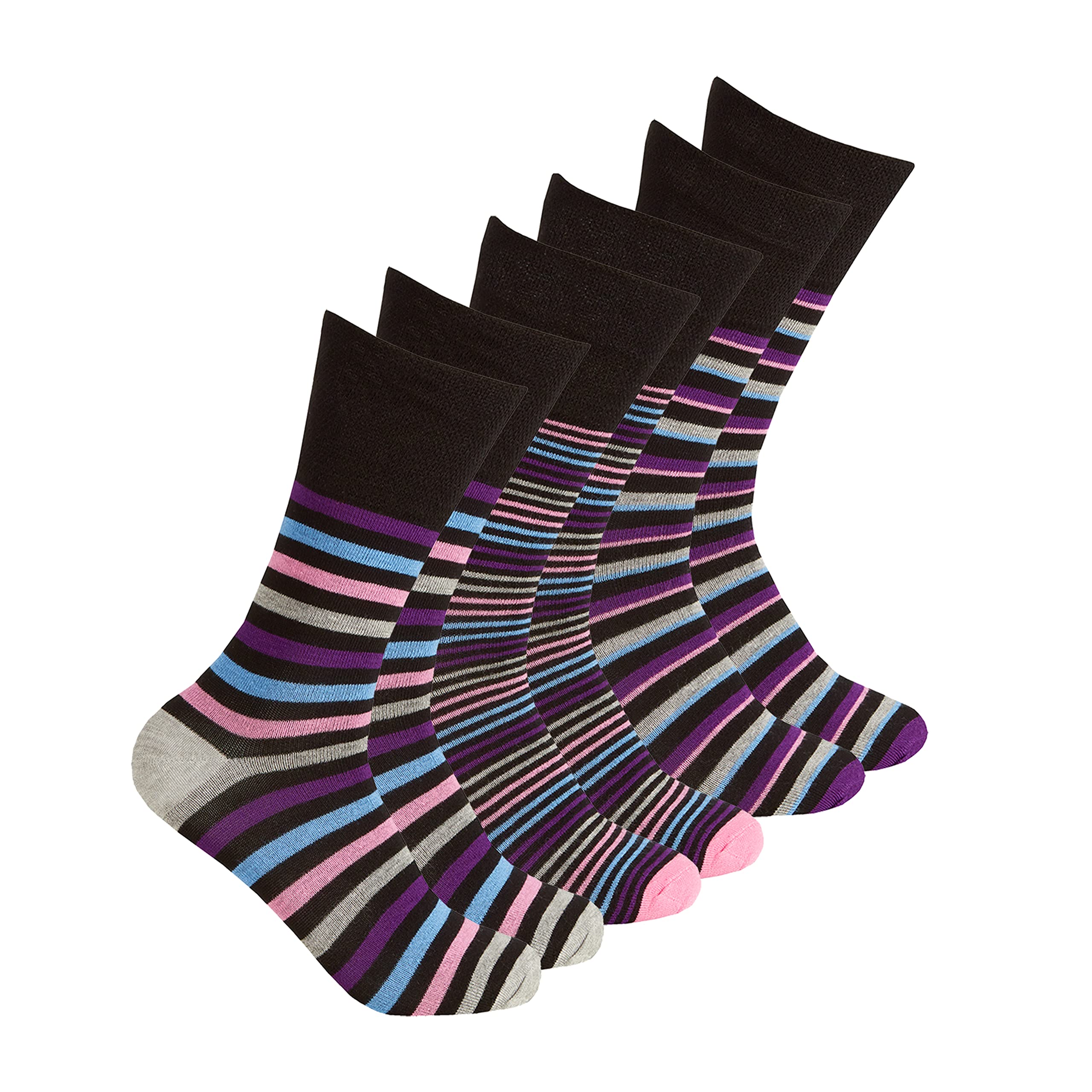 Metzuyan Ladies Womens Diabetic Non Elastic Bamboo Socks Loose Top Purple Striped 4-8